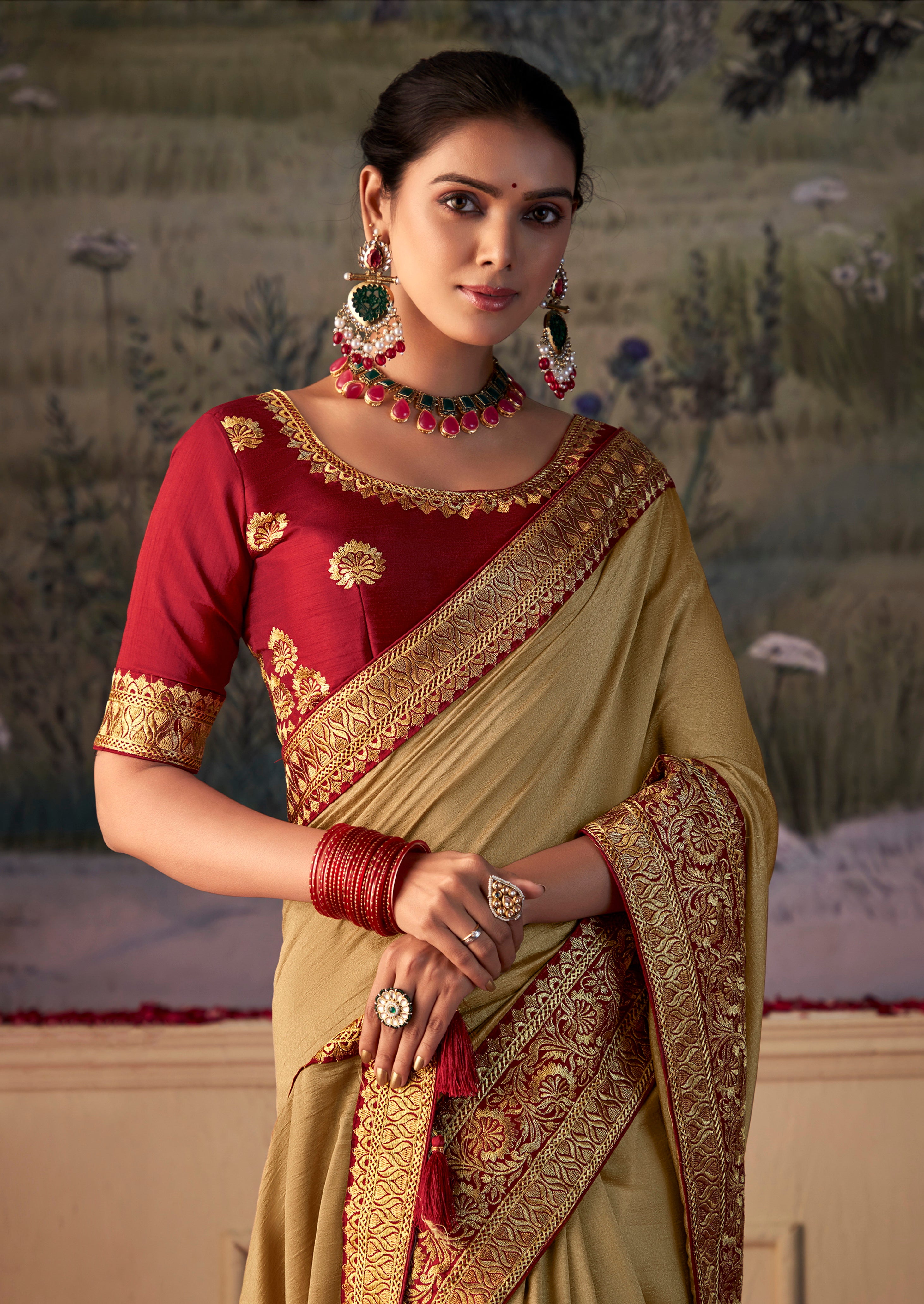 Sandy Brown Vichitra Gota Patti Saree