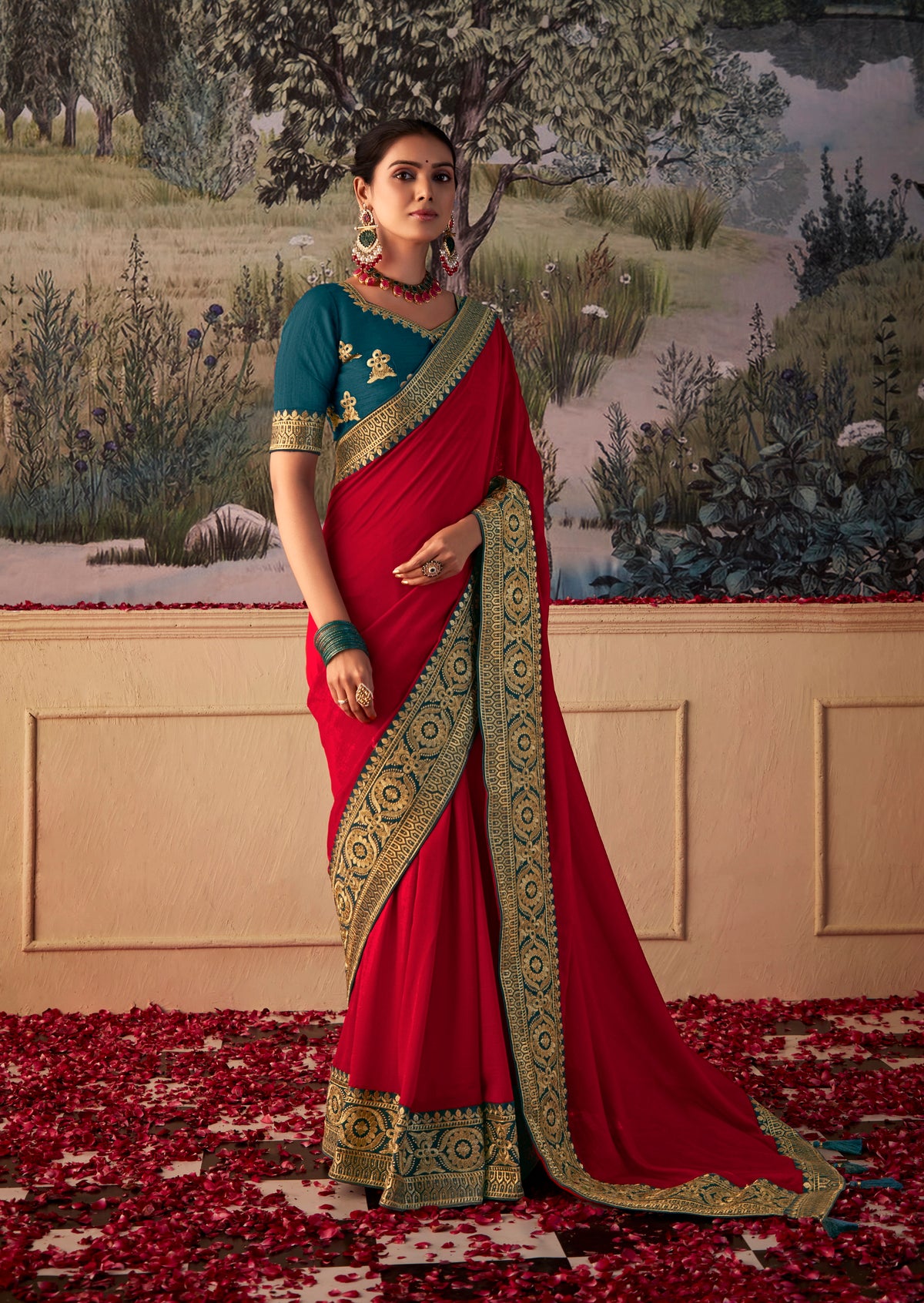 Lipstick Red Vichitra Gota Patti Saree