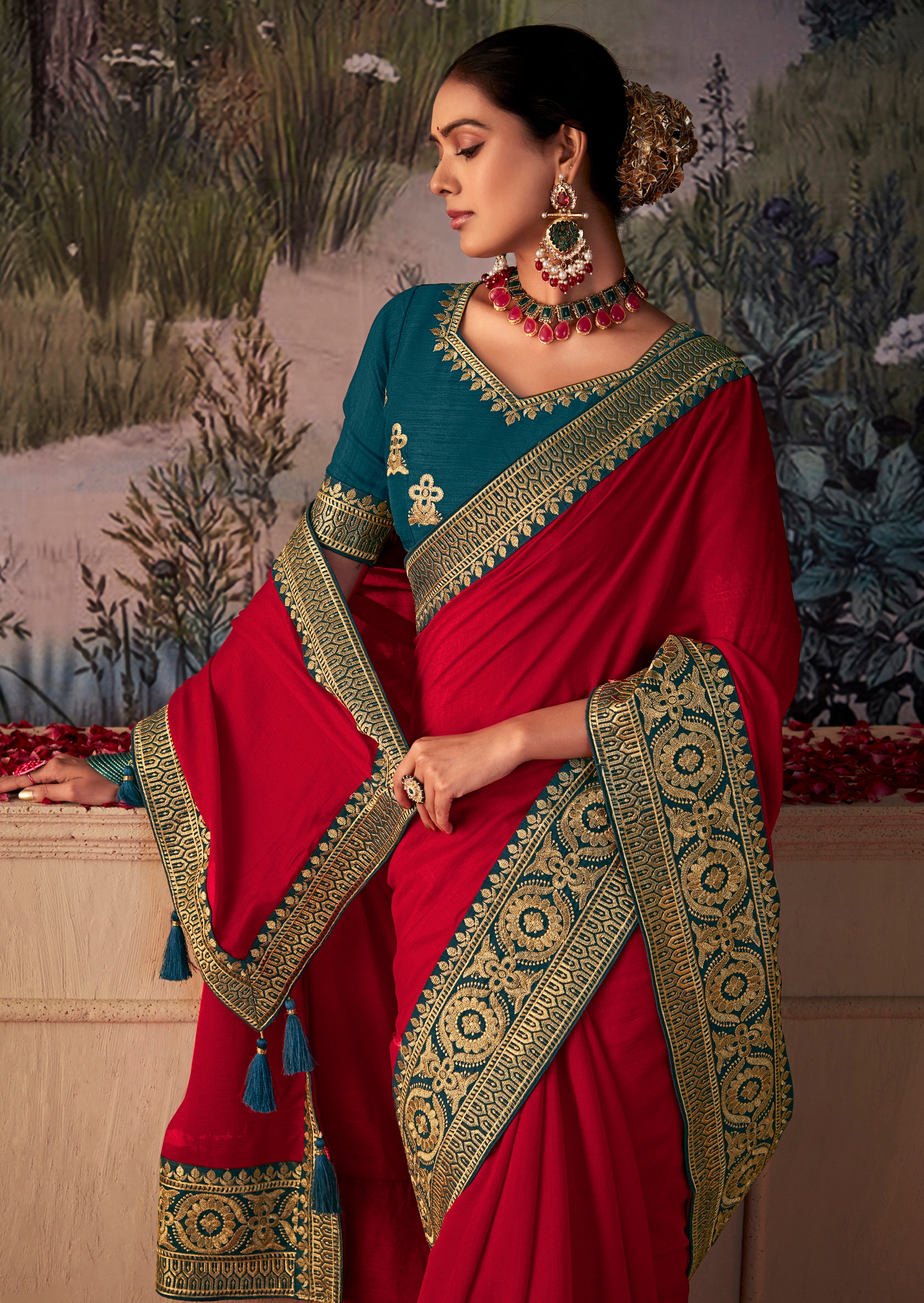 Lipstick Red Vichitra Gota Patti Saree