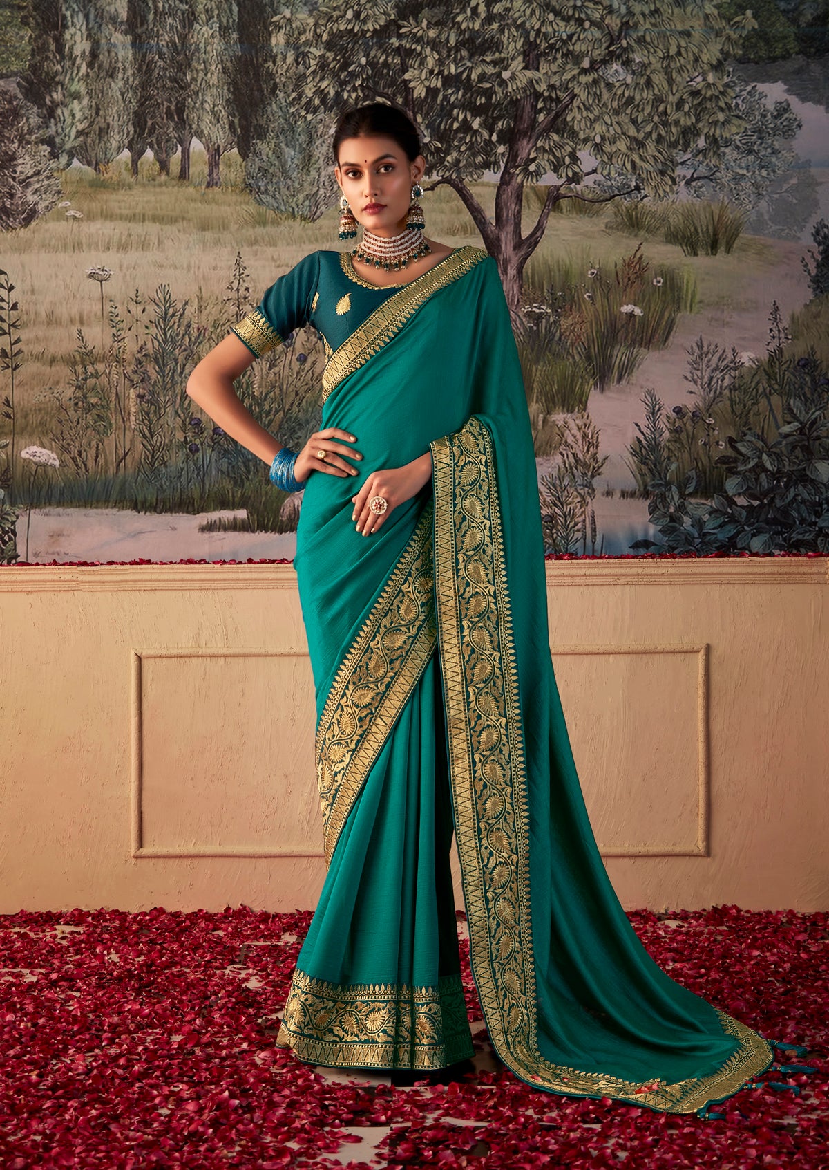 Teal Green Vichitra Gota Patti Saree