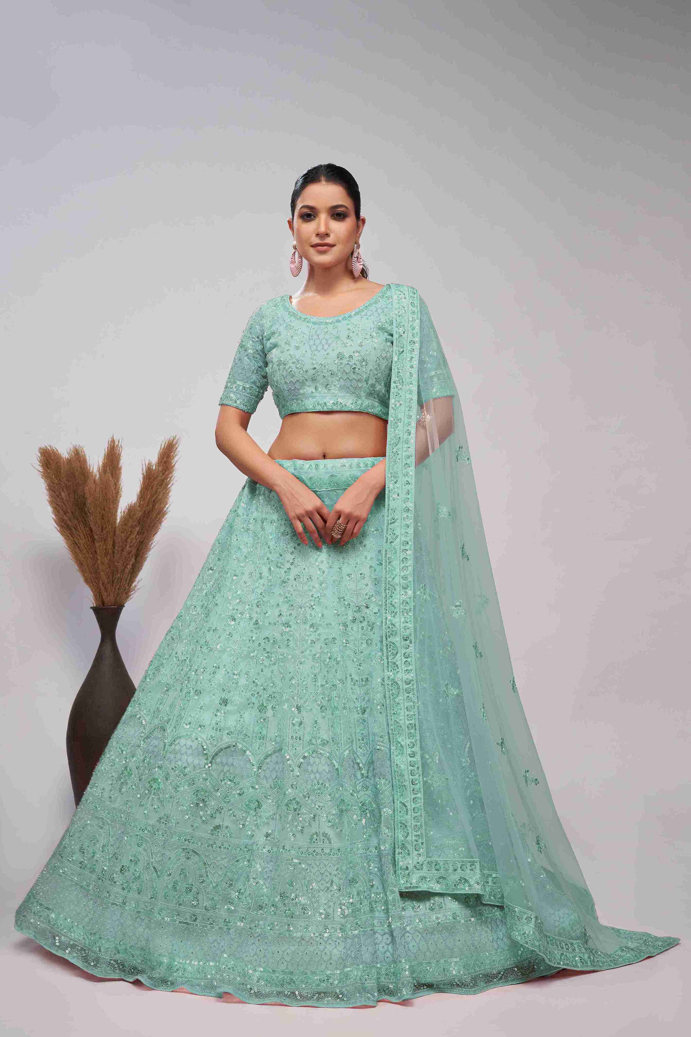 Sea Green Net Sequins Embroidered Lehenga Choli