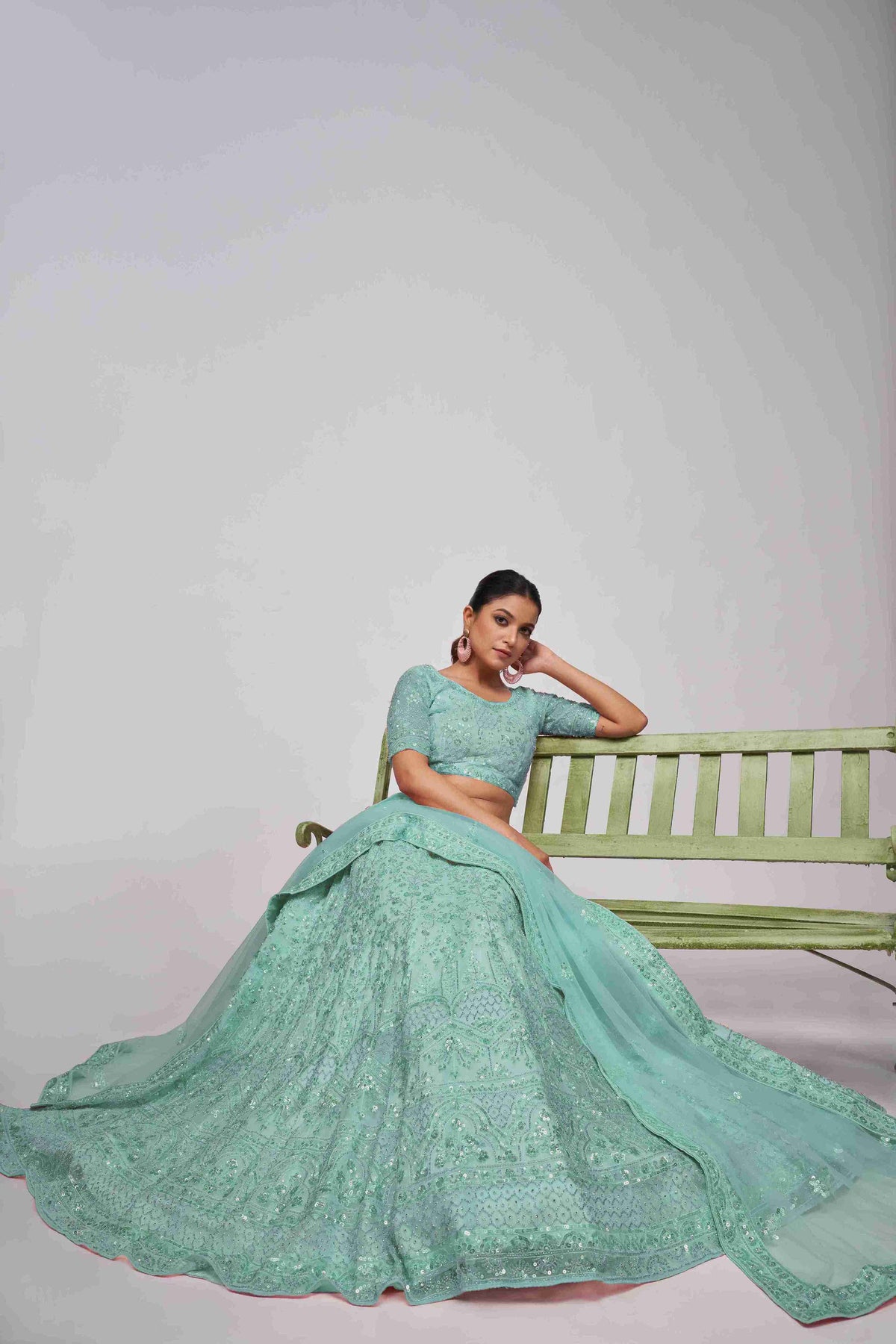 Sea Green Net Sequins Embroidered Lehenga Choli