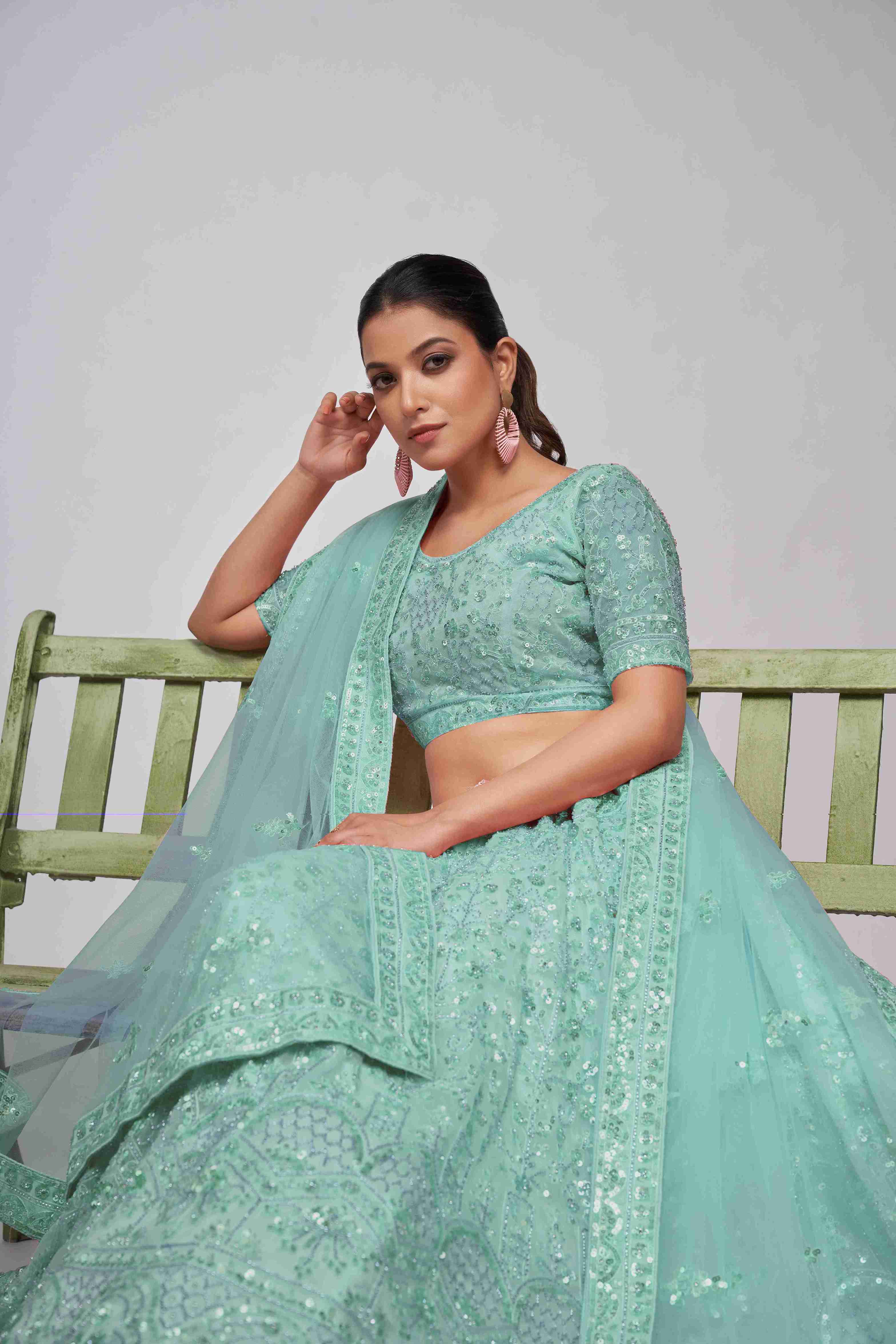 Sea Green Net Sequins Embroidered Lehenga Choli