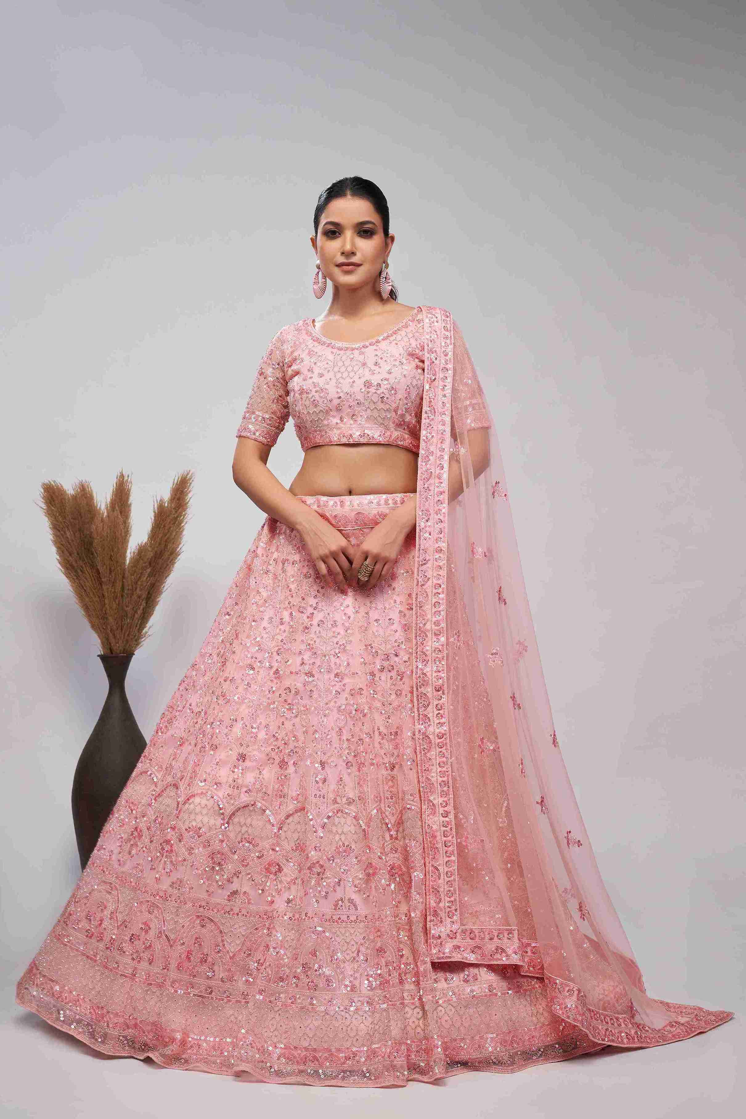 Pink Net Sequins Embroidered Lehenga Choli