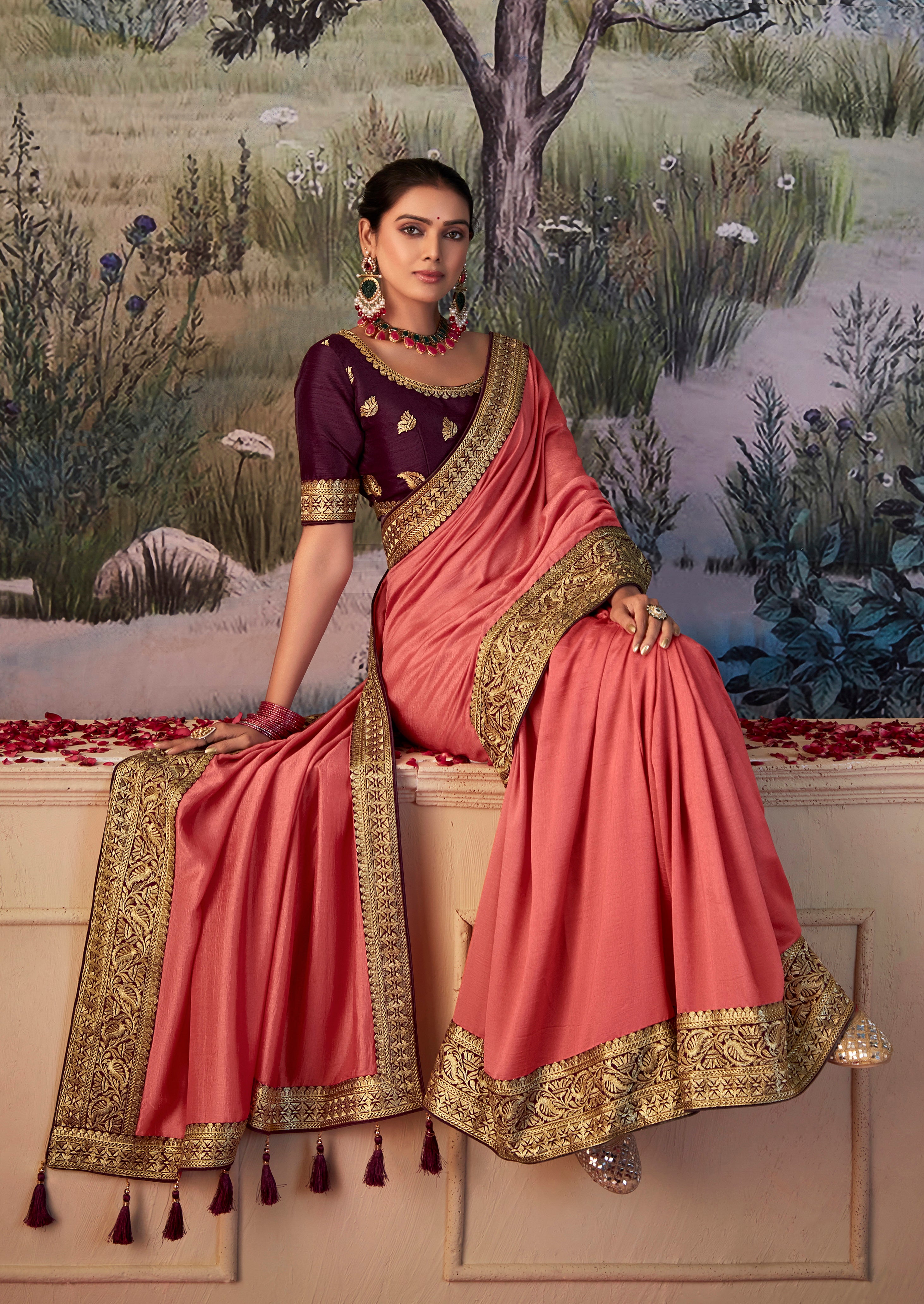 Dusty Red Vichitra Gota Patti Saree