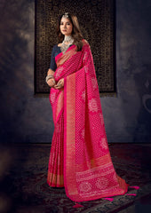 Lispstick Red Tussar Silk Crush Bandhani Print Saree