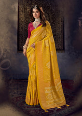 Burnt Yellow Tussar Silk Crush Bandhani Print Saree