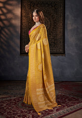 Burnt Yellow Tussar Silk Crush Bandhani Print Saree