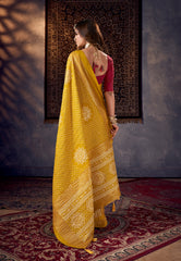 Burnt Yellow Tussar Silk Crush Bandhani Print Saree