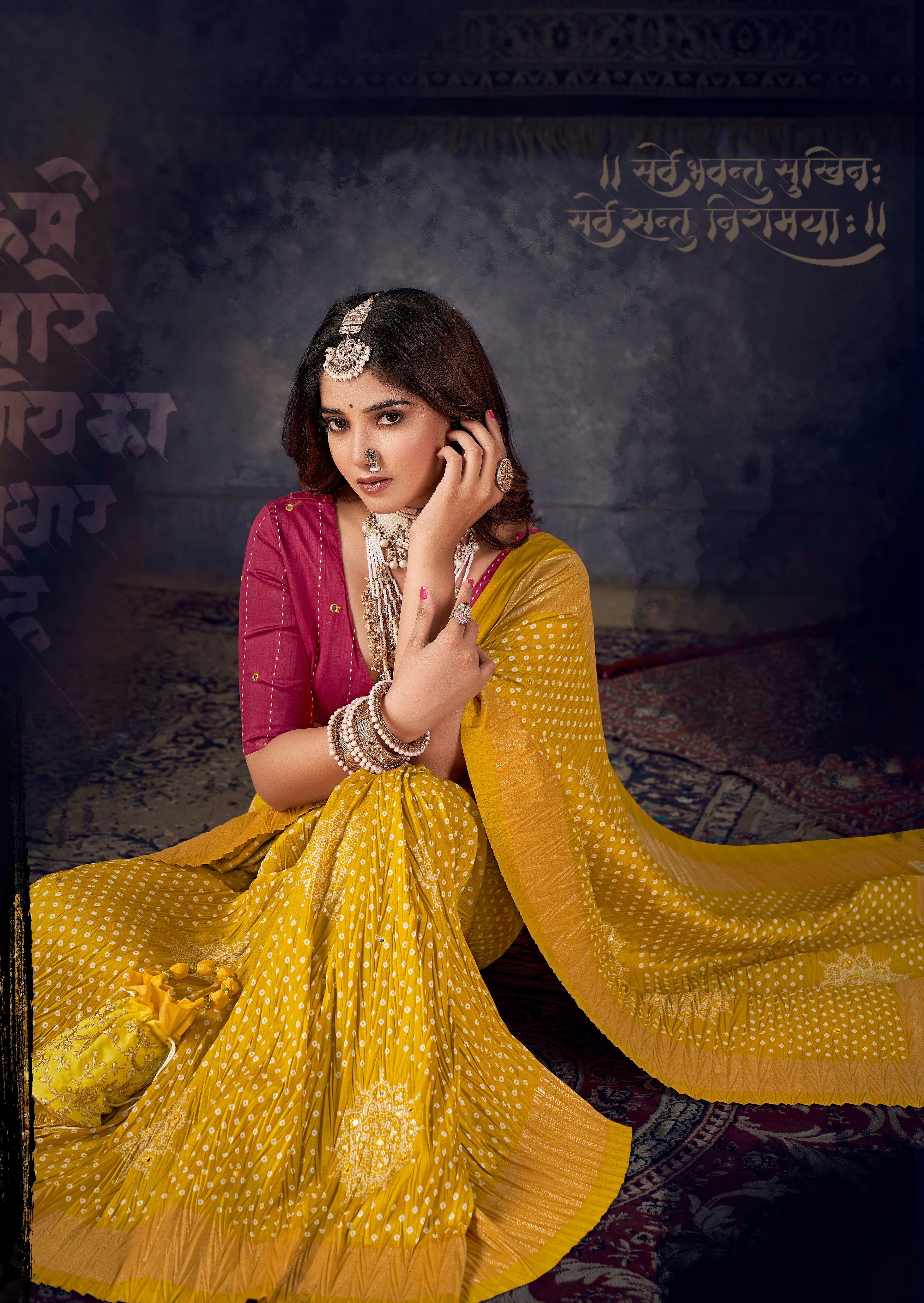 Burnt Yellow Tussar Silk Crush Bandhani Print Saree