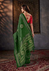 Green Tussar Silk Crush Bandhani Print Saree