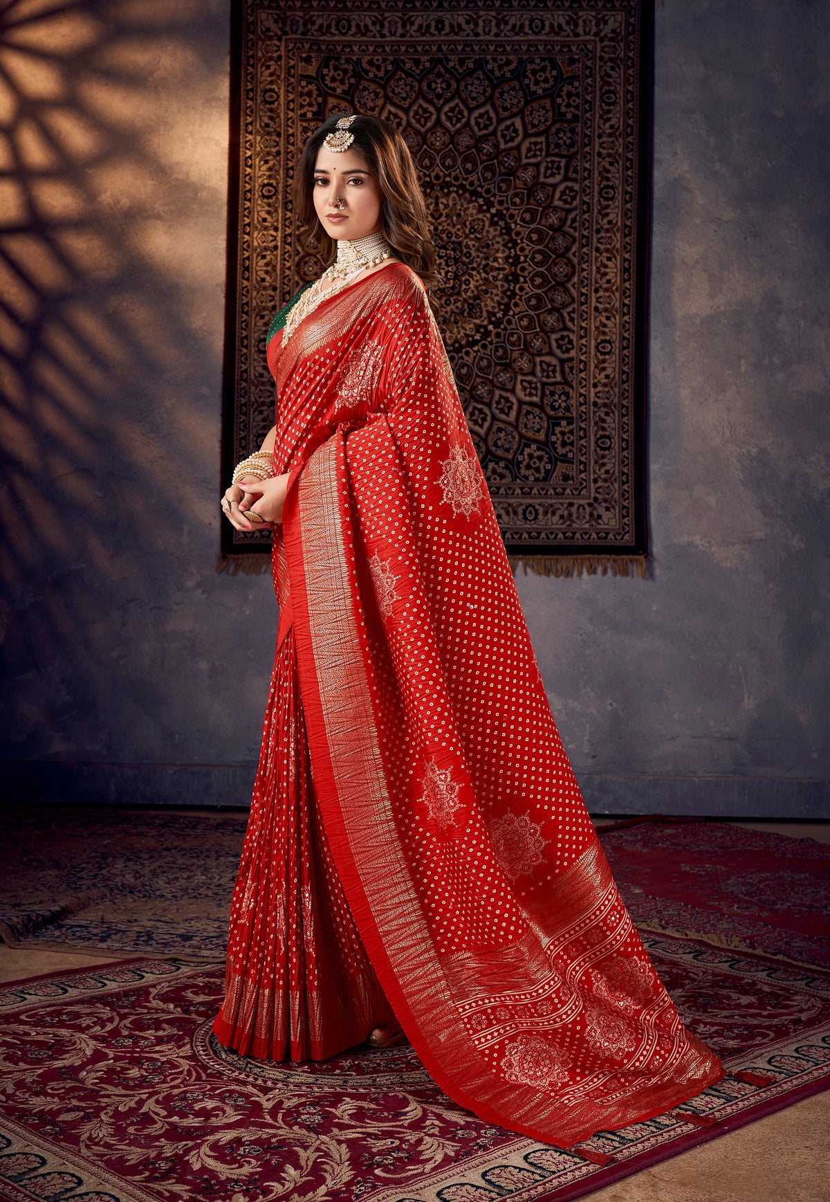 Lava Red Tussar Silk Crush Bandhani Print Saree