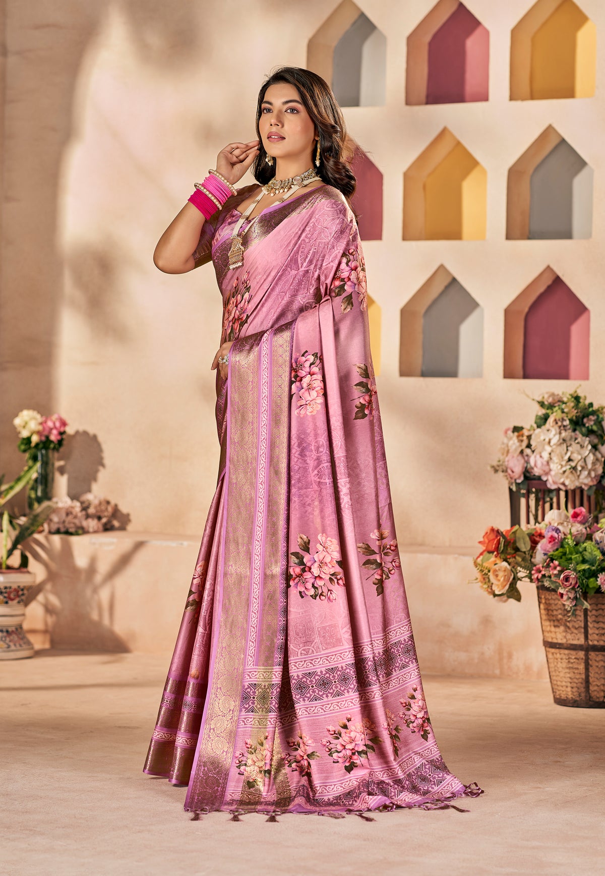 Dusty Pink Dola Silk Floral Print Saree