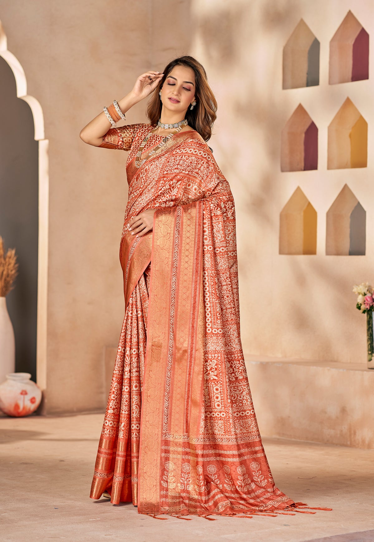 Sunrise Orange Dola Silk Floral Print Saree