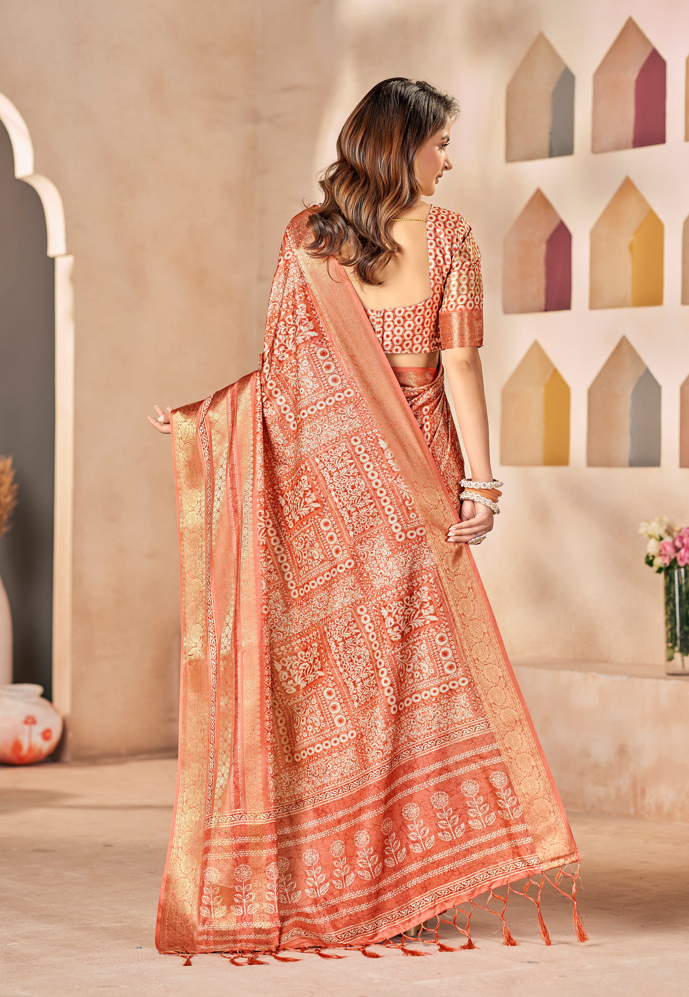 Sunrise Orange Dola Silk Floral Print Saree