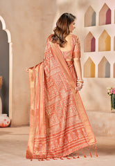 Sunrise Orange Dola Silk Floral Print Saree