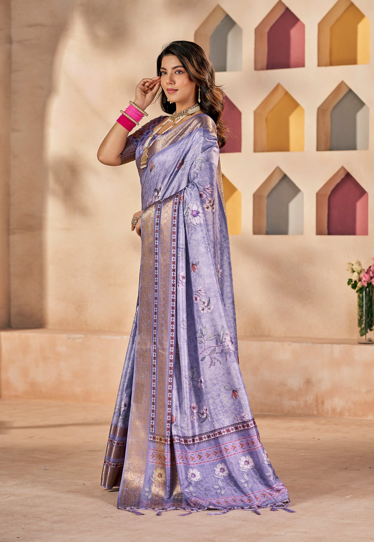 Pastel Purple Dola Silk Floral Print Saree