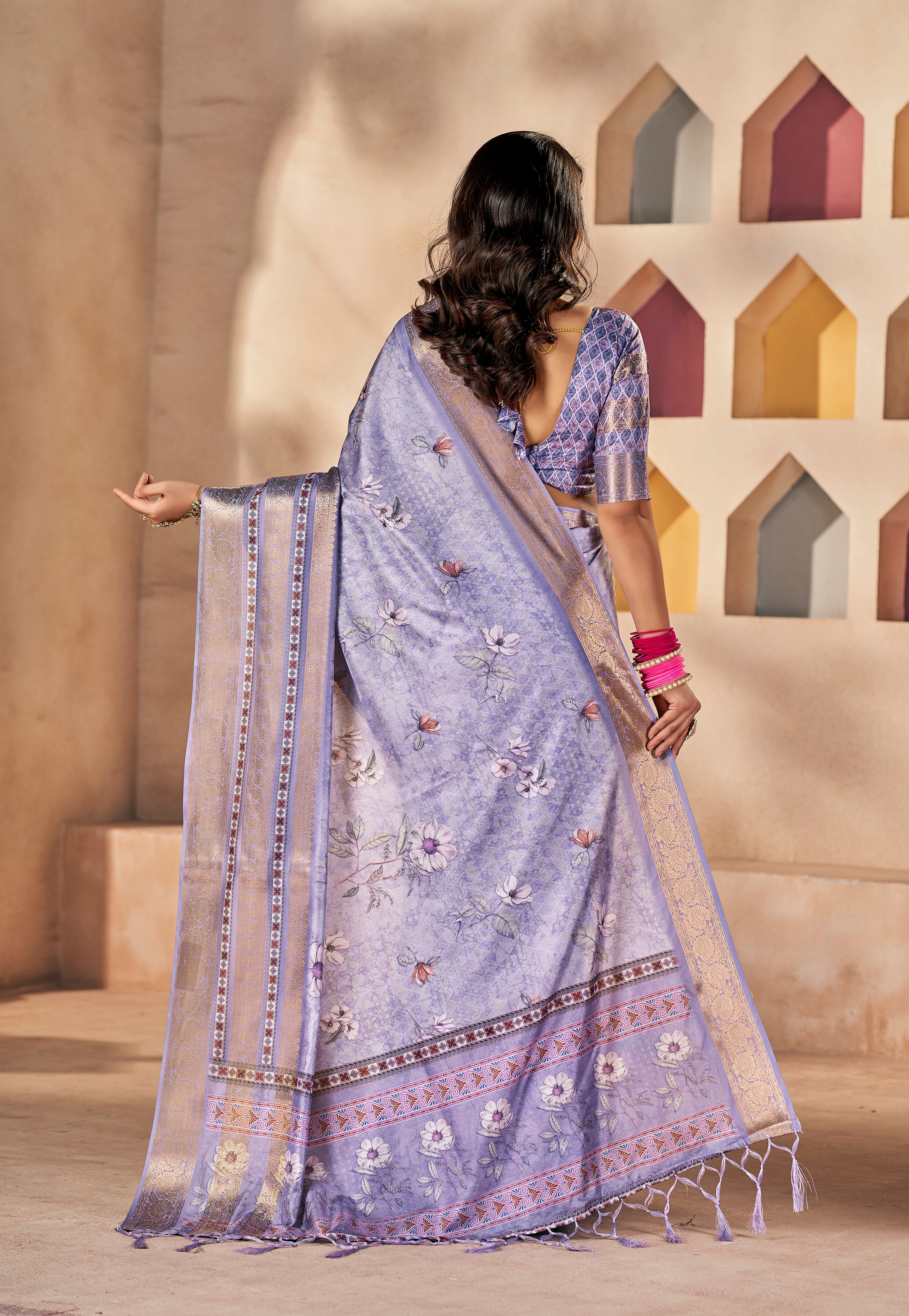 Pastel Purple Dola Silk Floral Print Saree