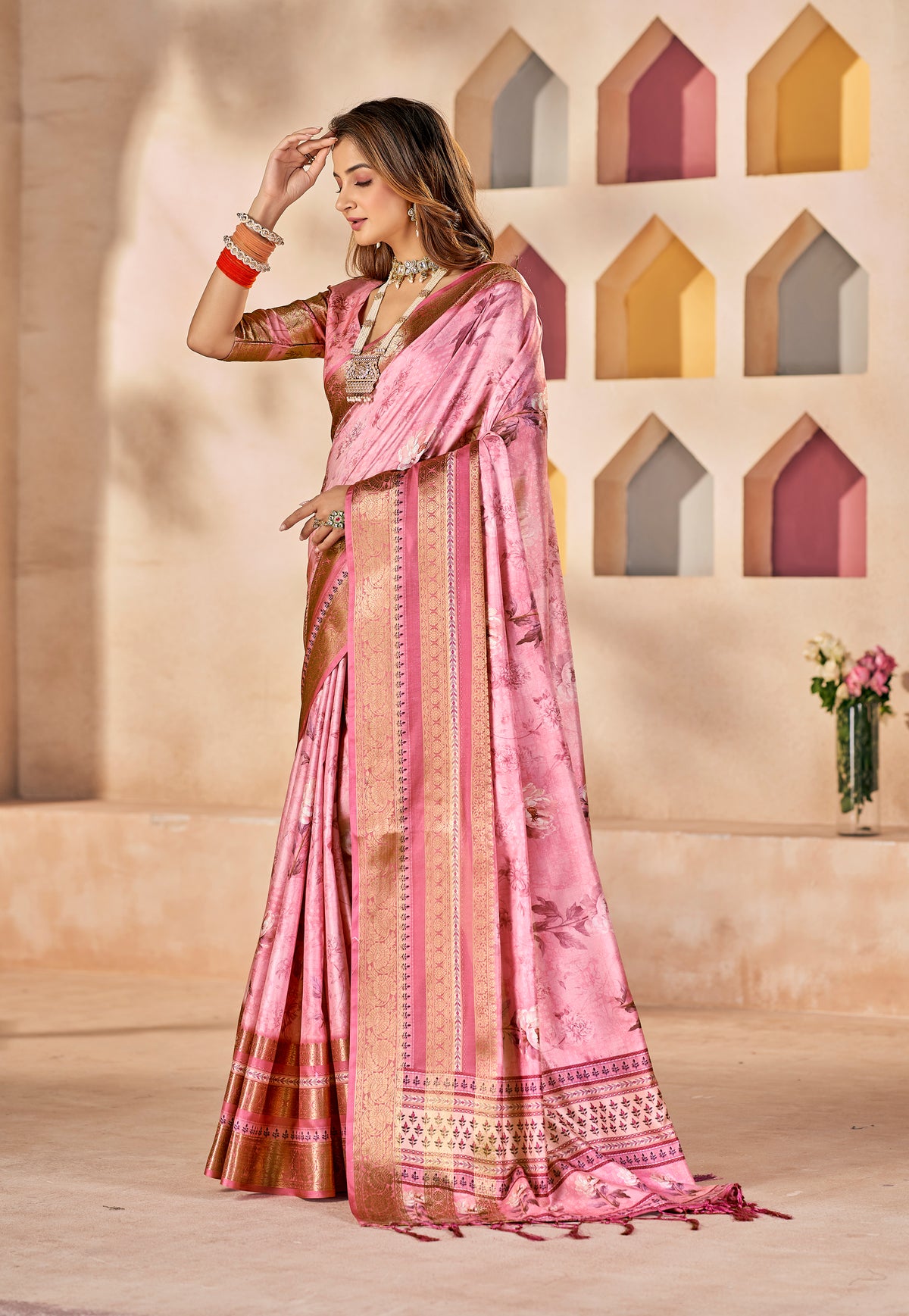 Dull Pink Dola Silk Floral Print Saree