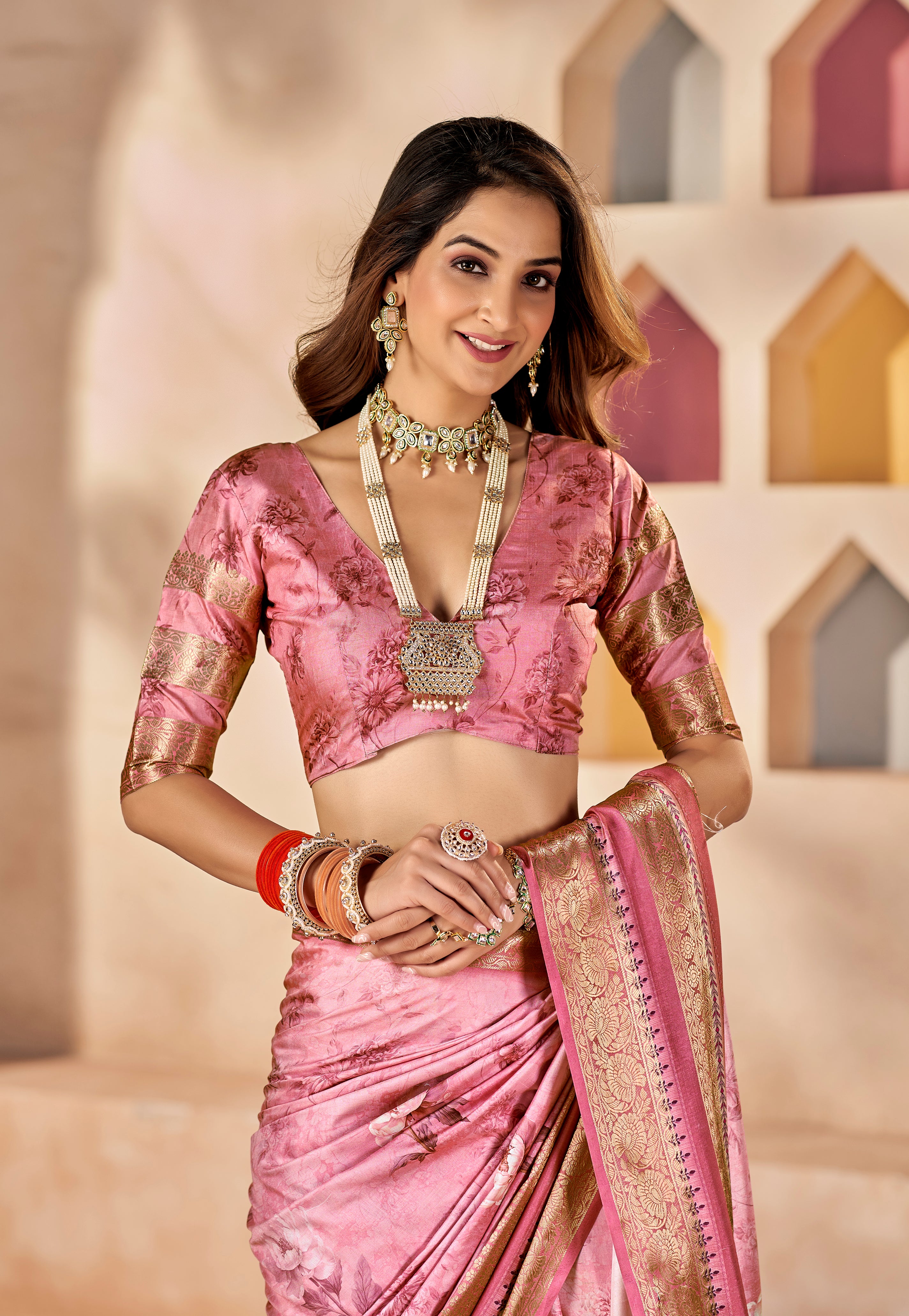 Dull Pink Dola Silk Floral Print Saree