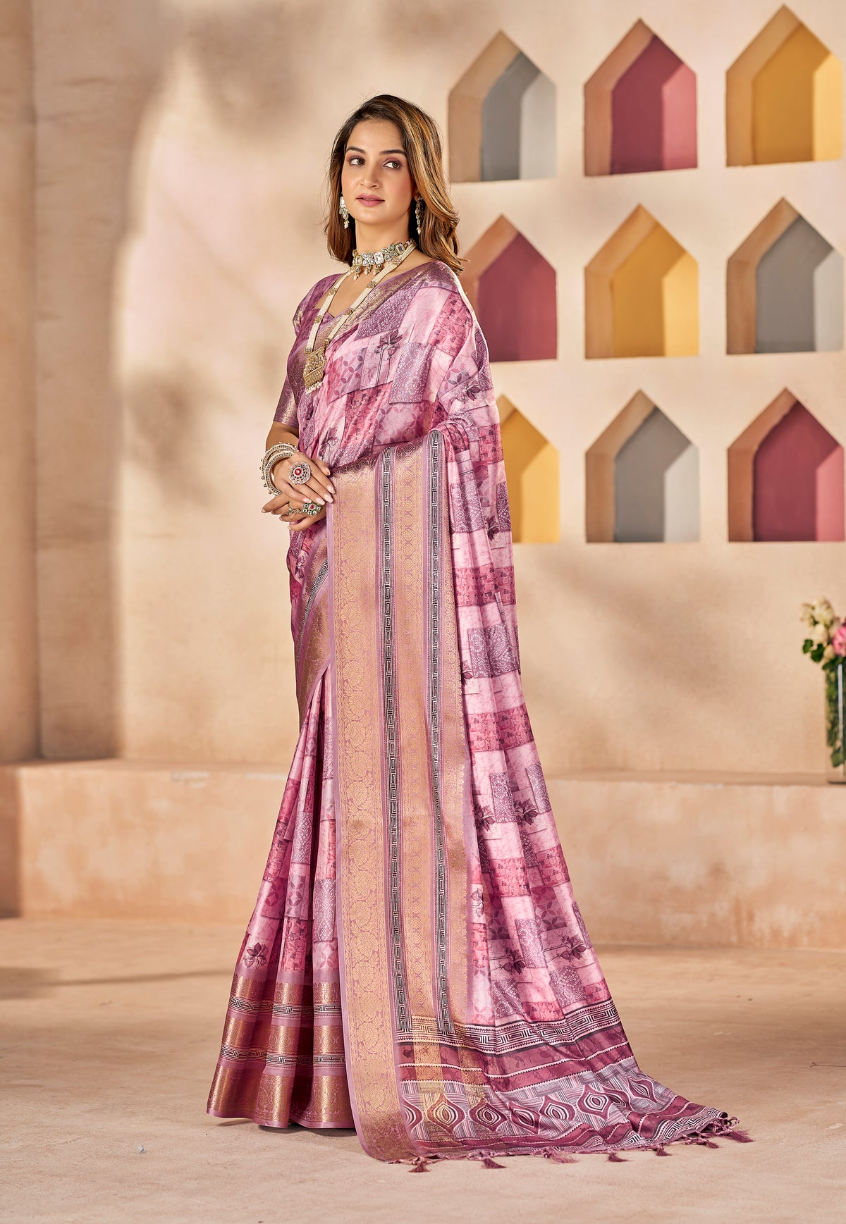 Cavern Pink Dola Silk Floral Print Saree