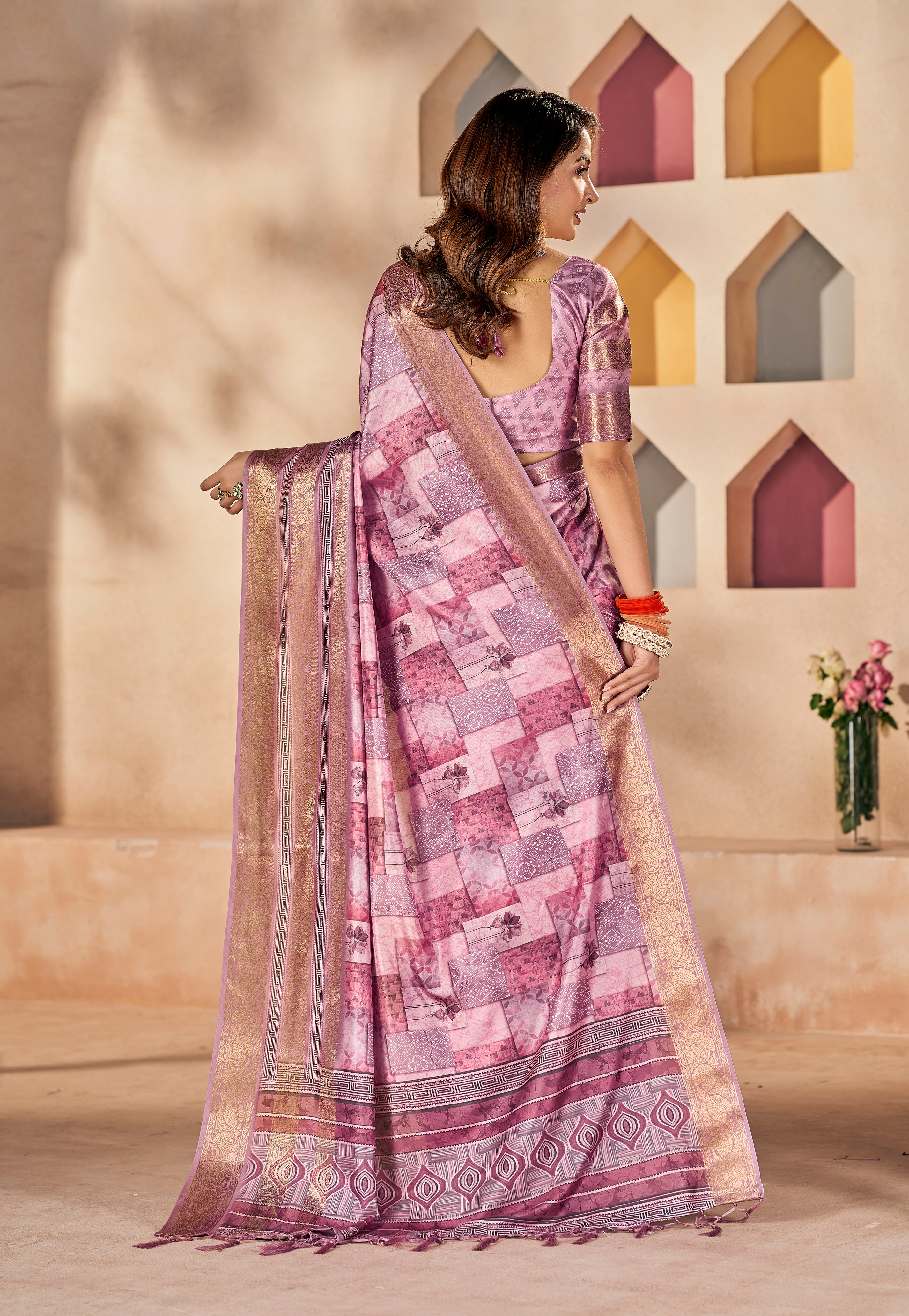 Cavern Pink Dola Silk Floral Print Saree