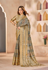 French Beige Dola Silk Floral Print Saree