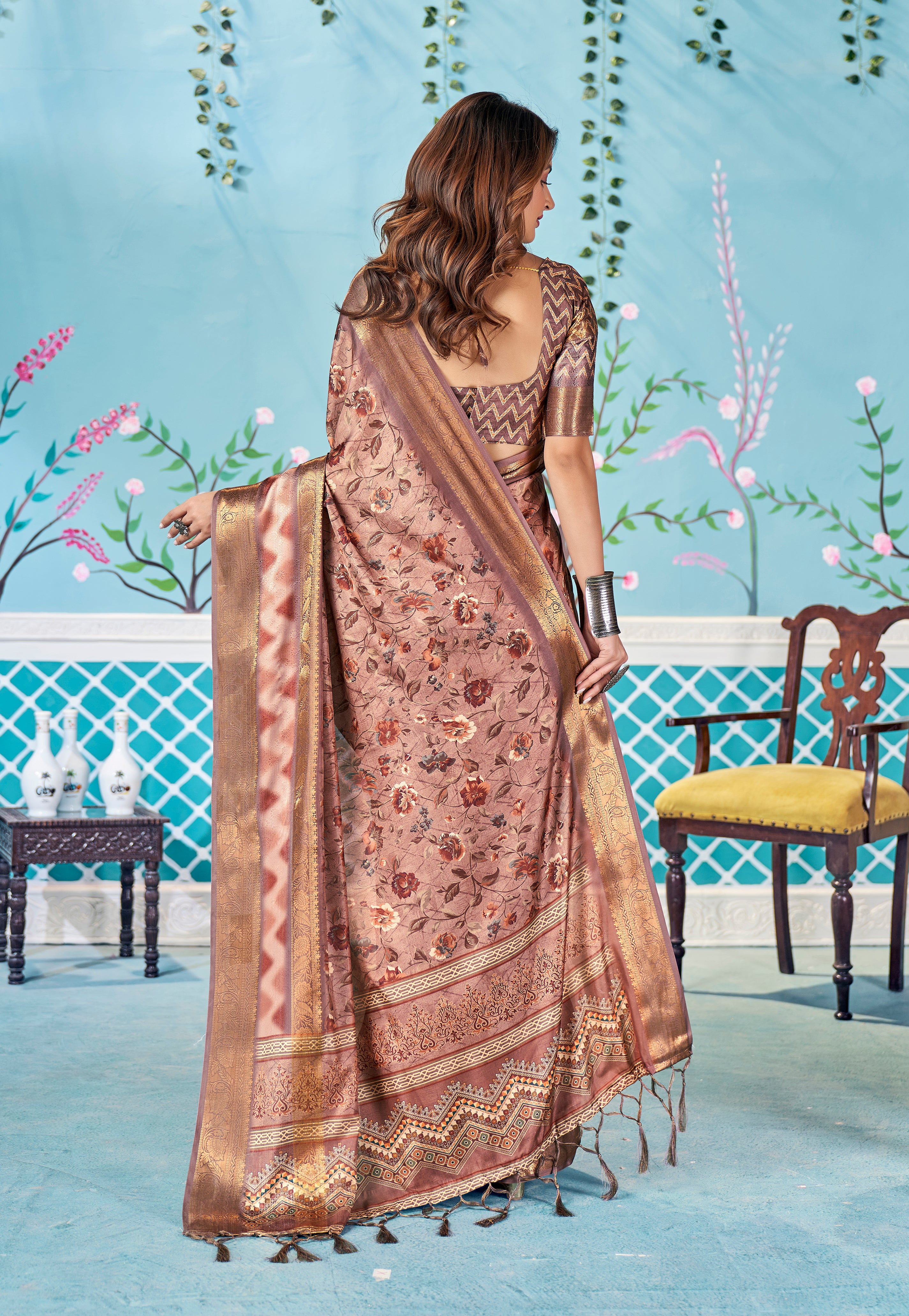 Pinkish Tan Dola Silk Floral Print Saree