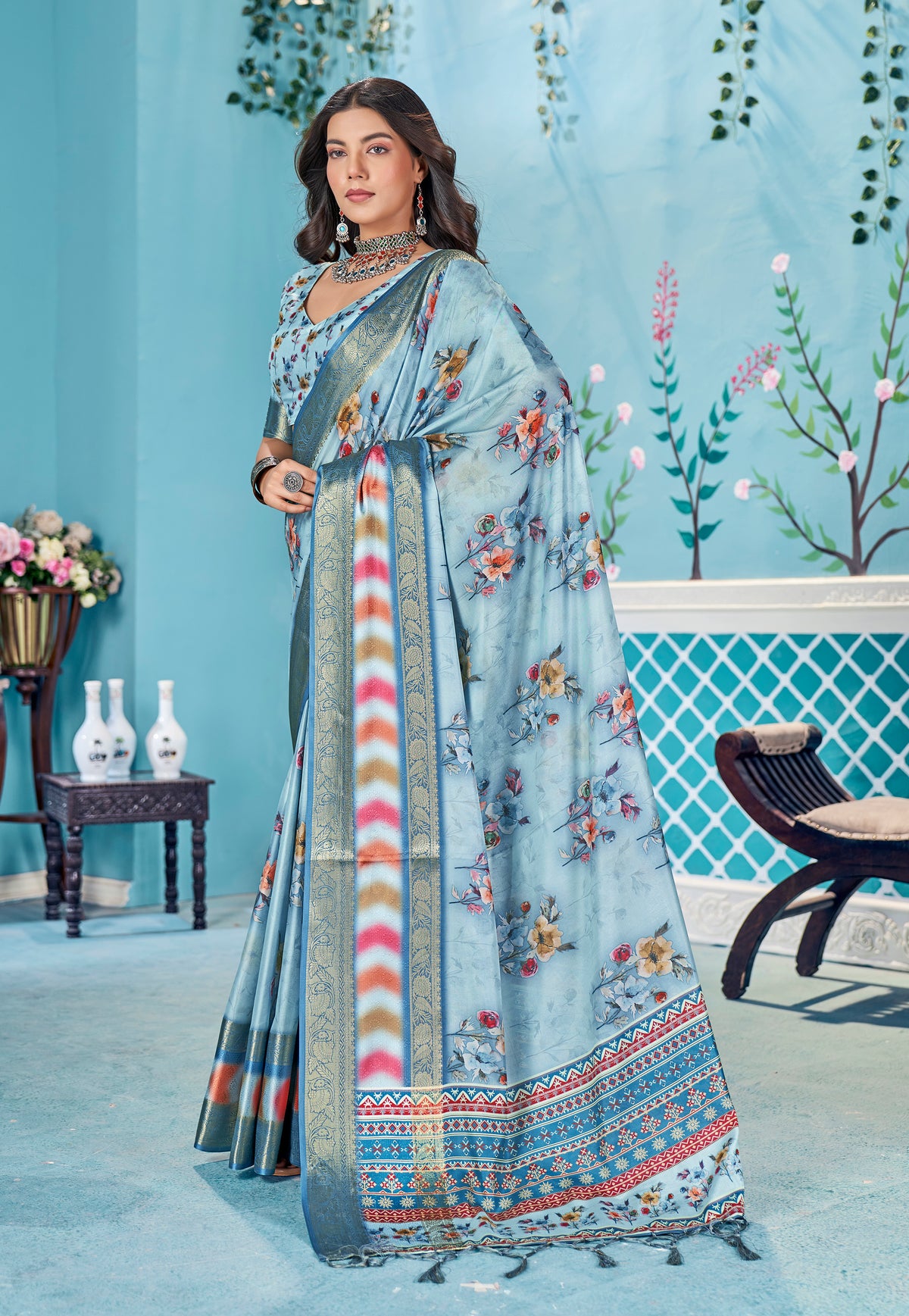 Light Grey Blue Dola Silk Floral Print Saree