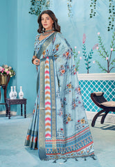 Light Grey Blue Dola Silk Floral Print Saree