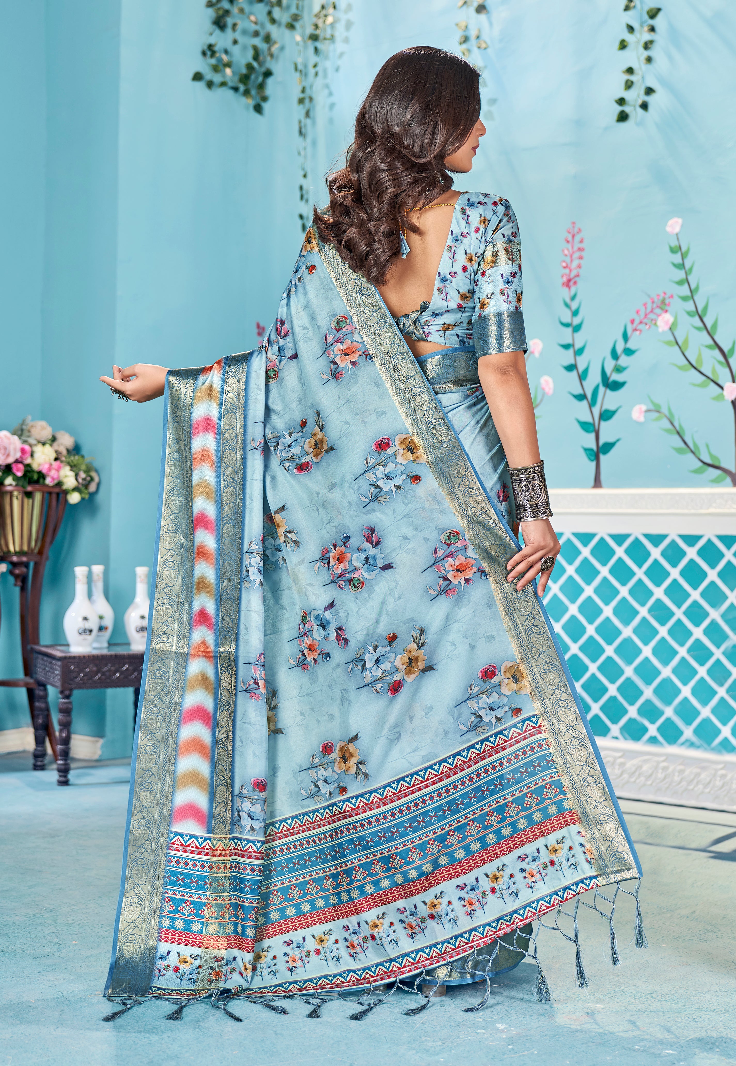 Light Grey Blue Dola Silk Floral Print Saree