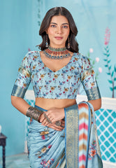 Light Grey Blue Dola Silk Floral Print Saree