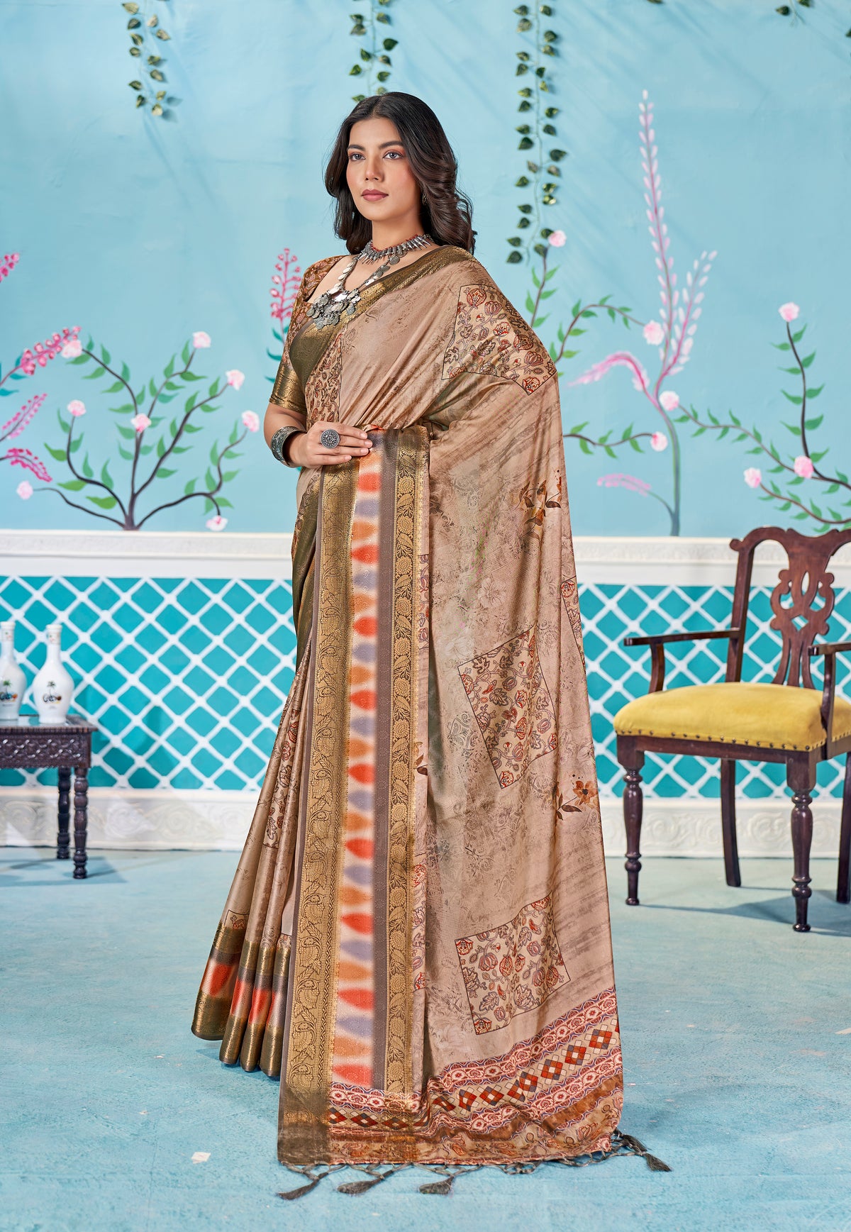 Light Taupe Dola Silk Floral Print Saree