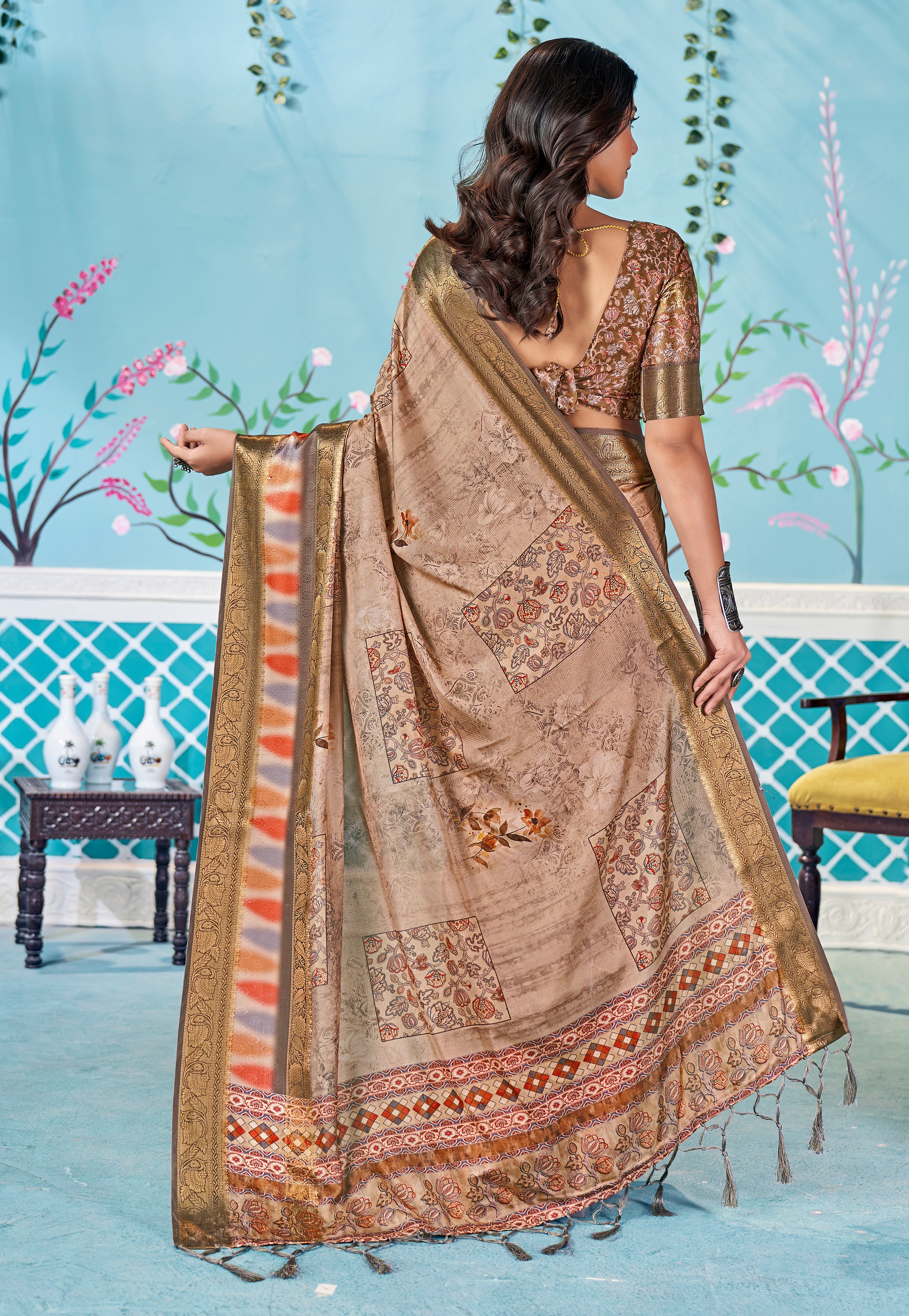 Light Taupe Dola Silk Floral Print Saree