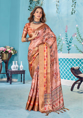 Light Rose Pink Dola Silk Floral Print Saree