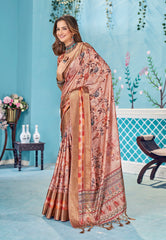 Light Rose Pink Dola Silk Floral Print Saree