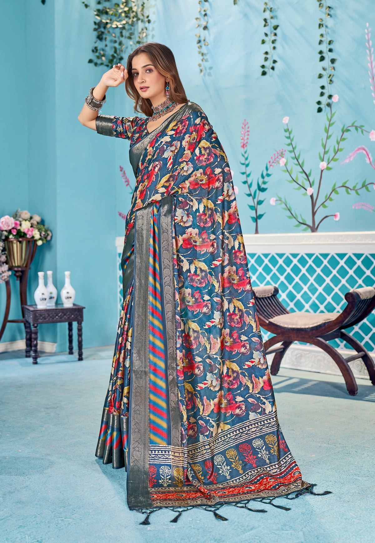 Davy Grey Dola Silk Floral Print Saree