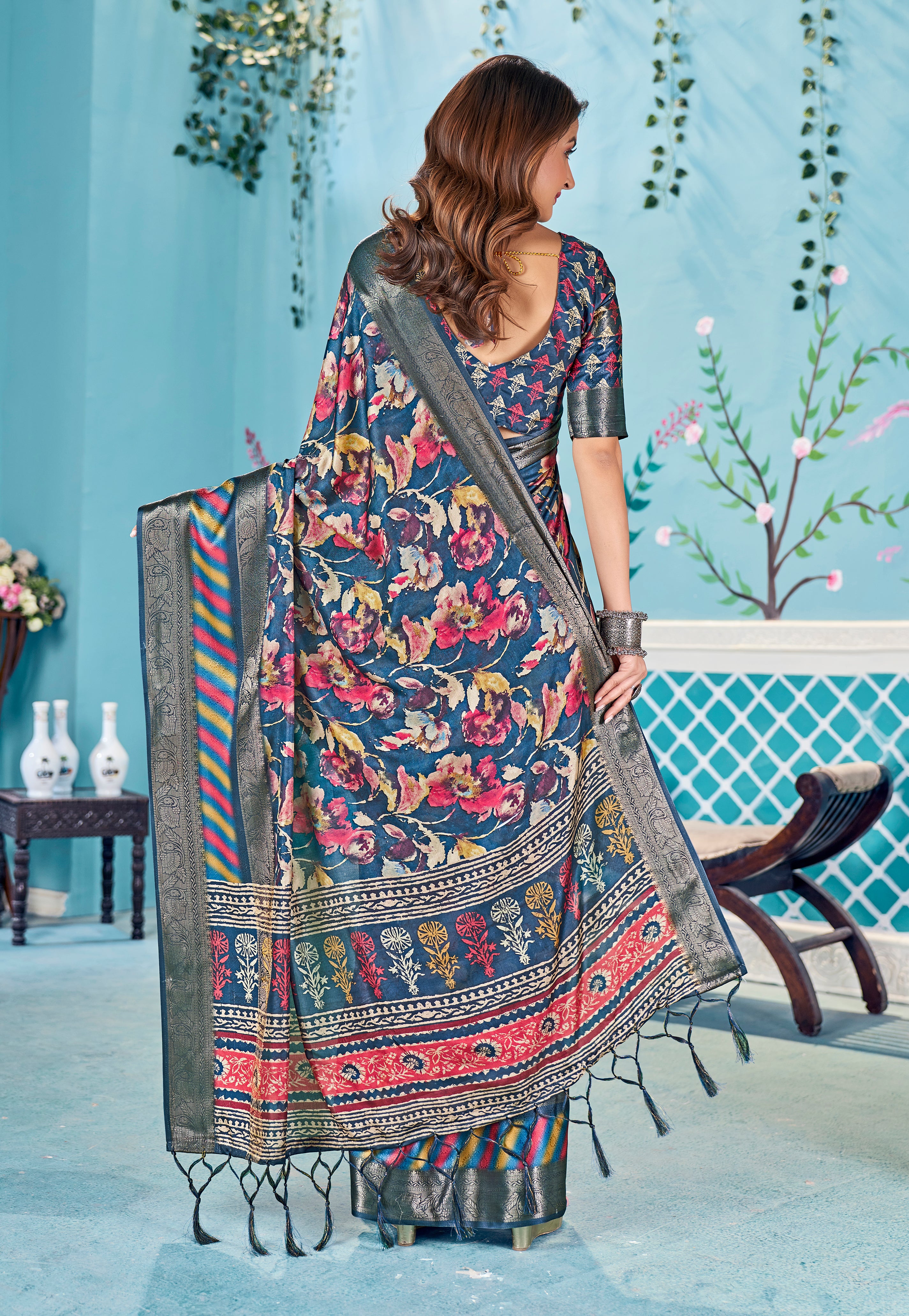 Davy Grey Dola Silk Floral Print Saree