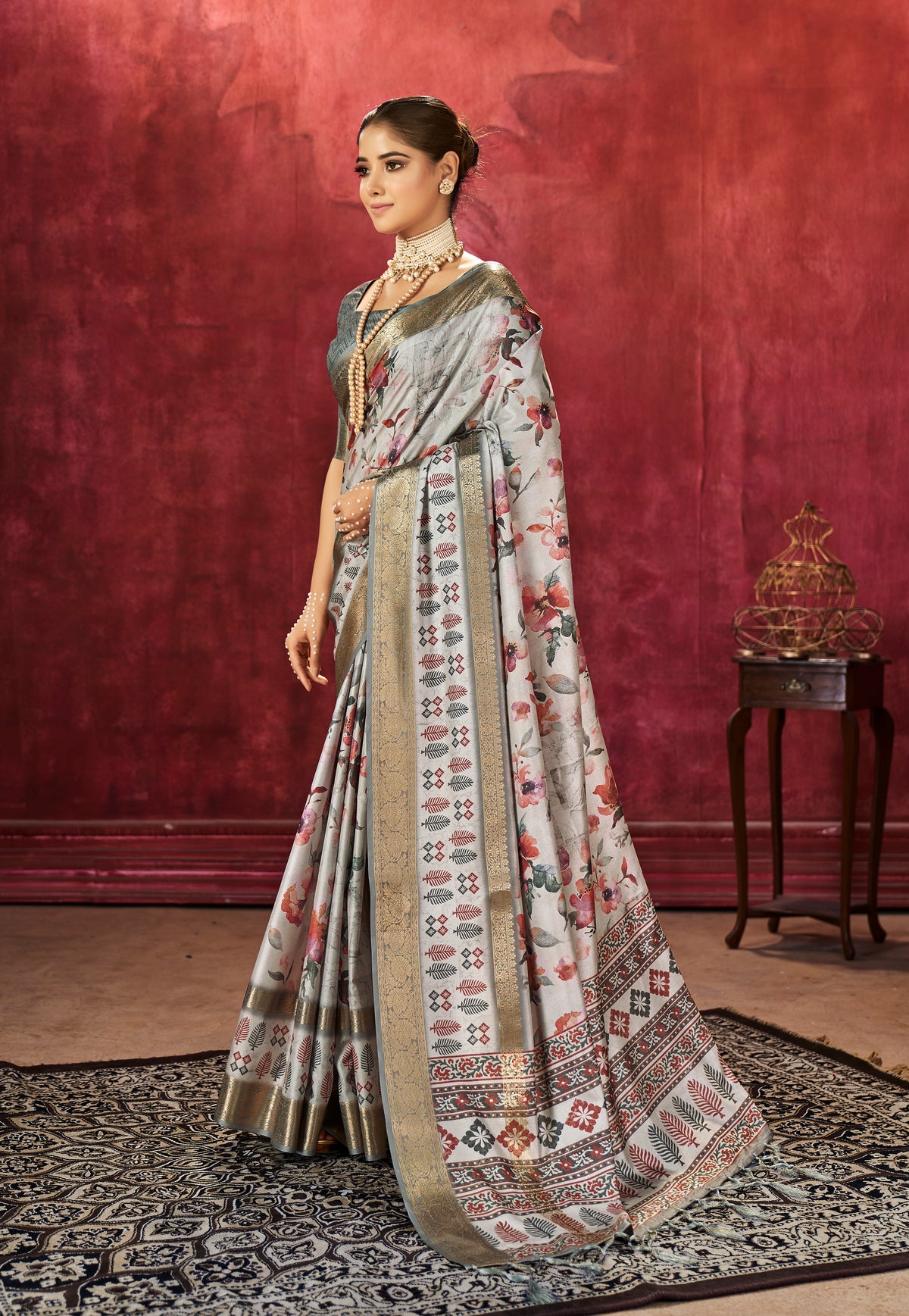 Cement Dola Silk Floral Print Saree