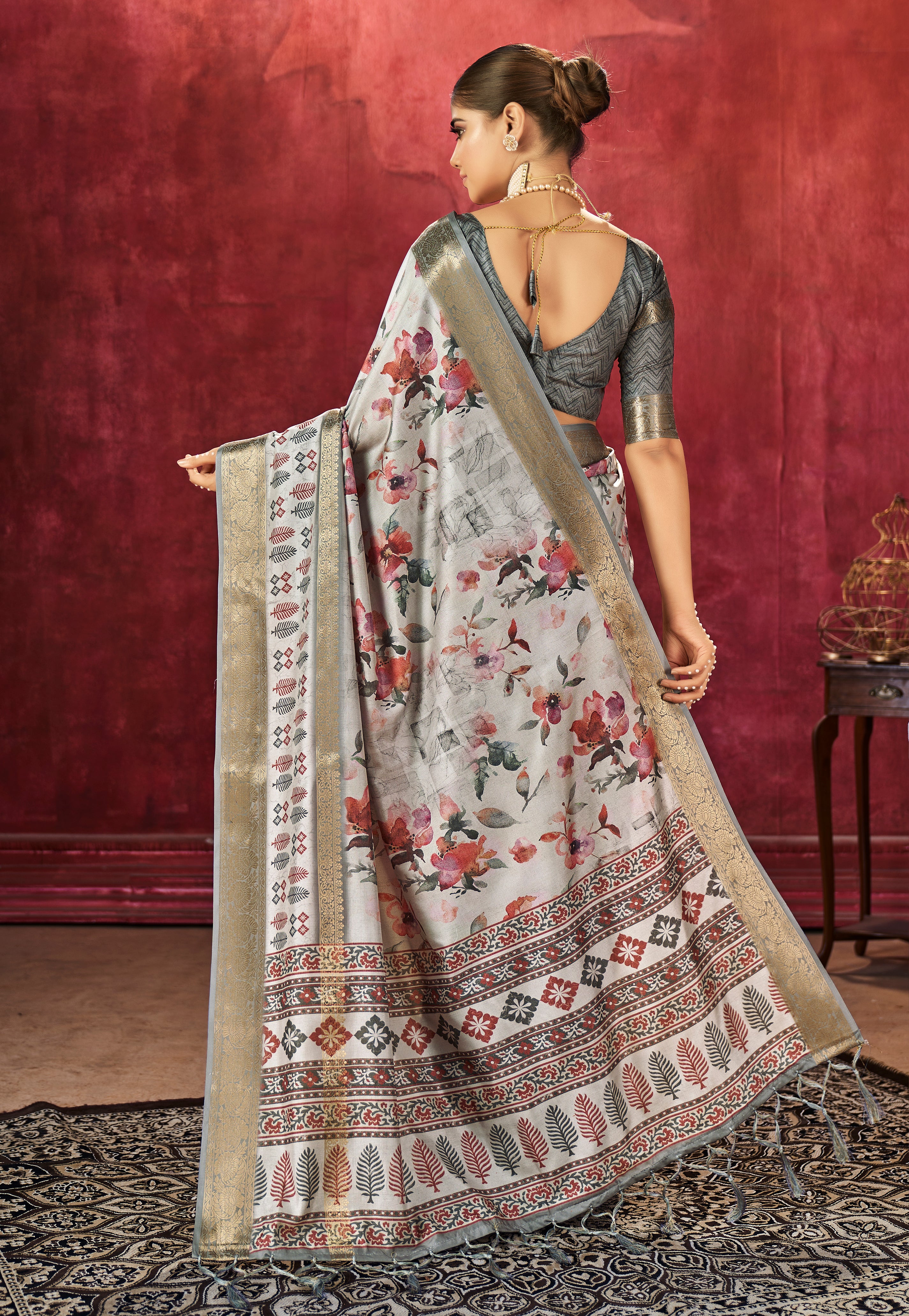 Cement Dola Silk Floral Print Saree