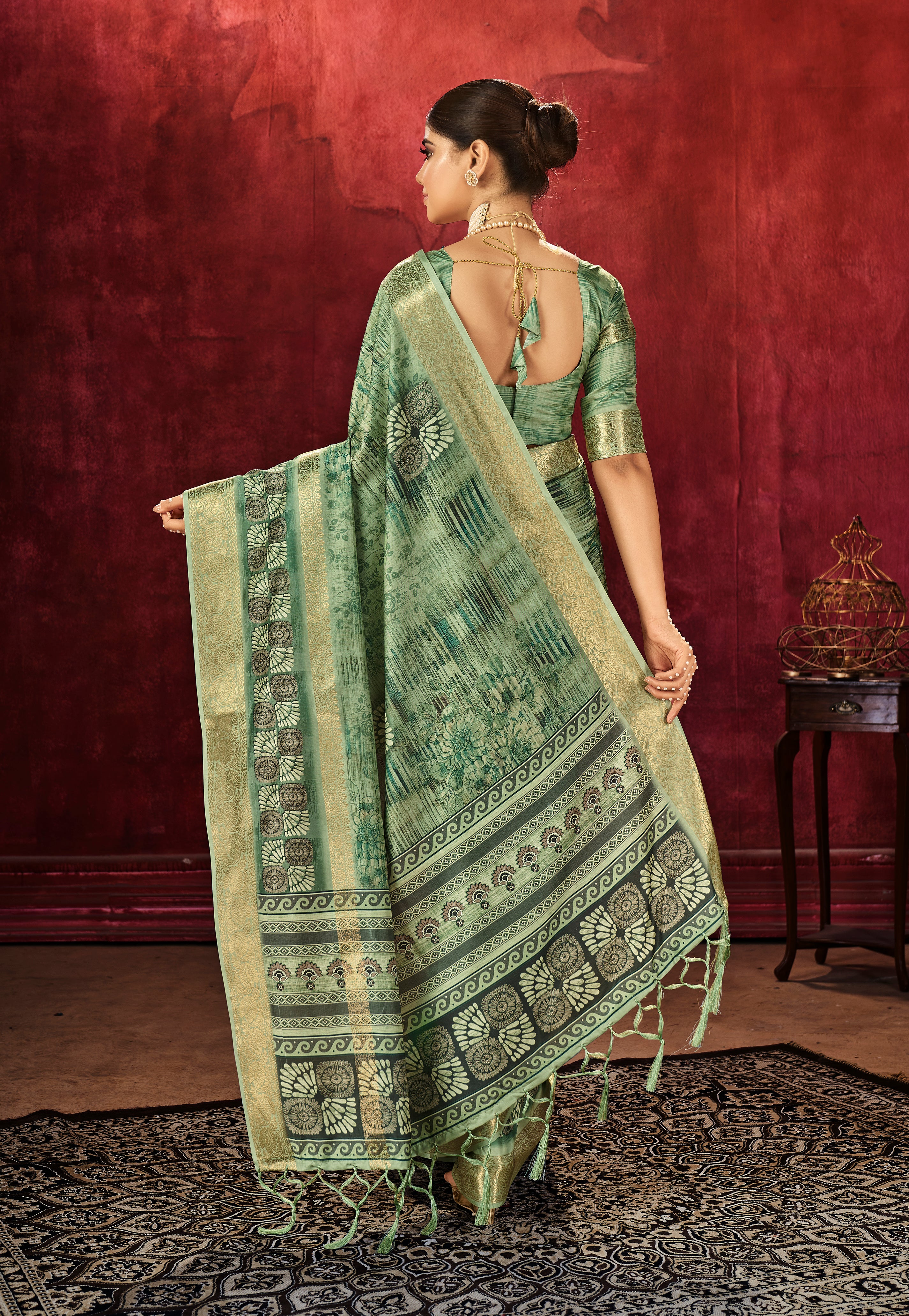 Slate Green Dola Silk Floral Print Saree