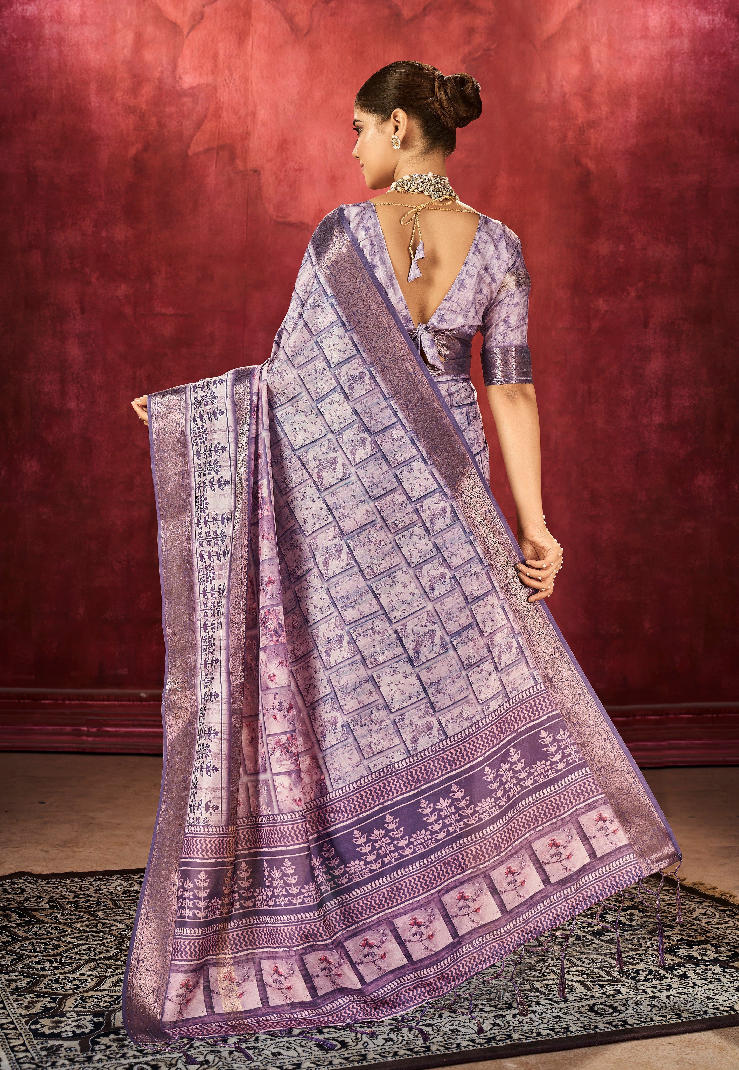 Dusky Purple Dola Silk Block Print Saree