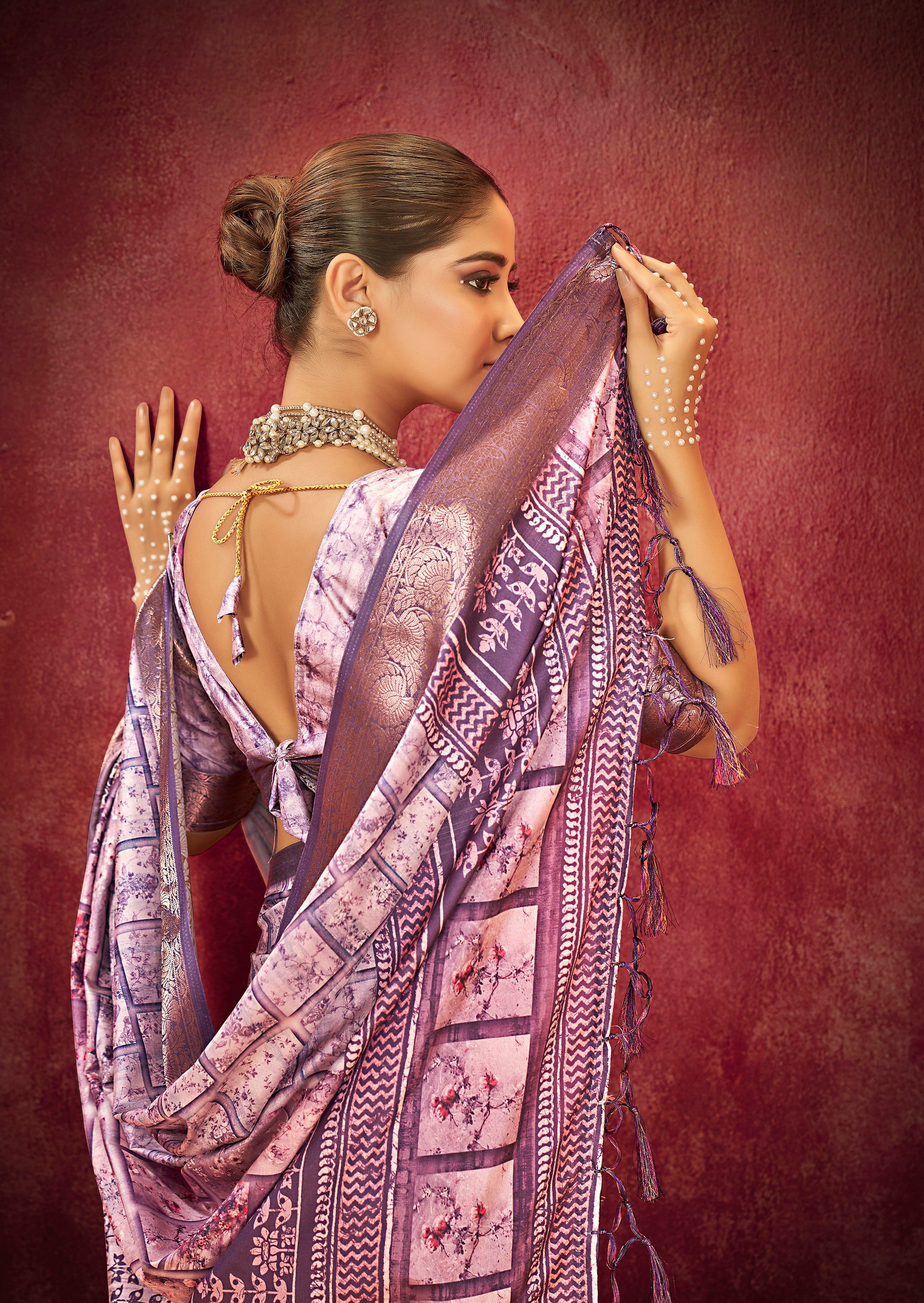 Dusky Purple Dola Silk Block Print Saree