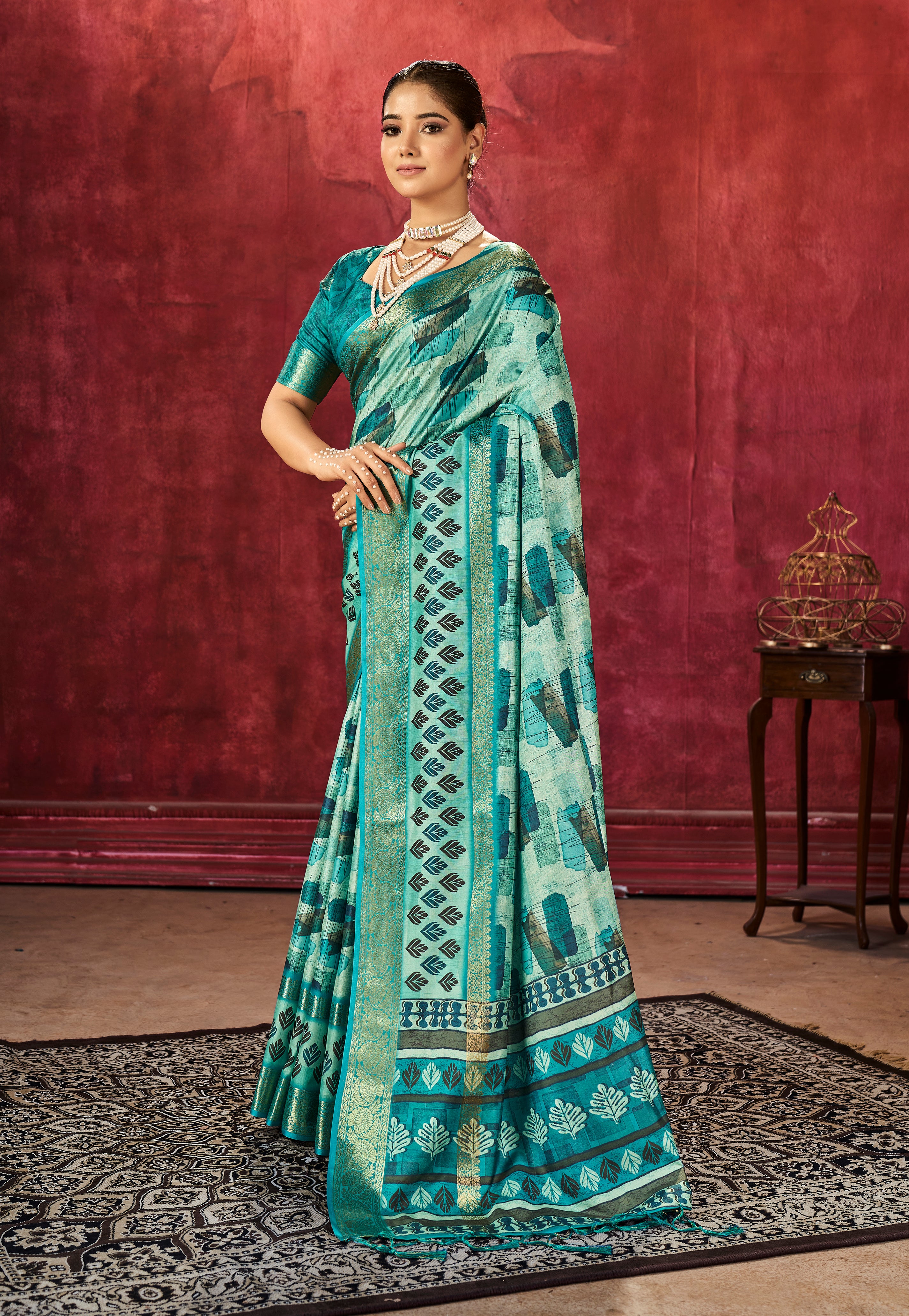 Sea Green Dola Silk Abstract Print Saree