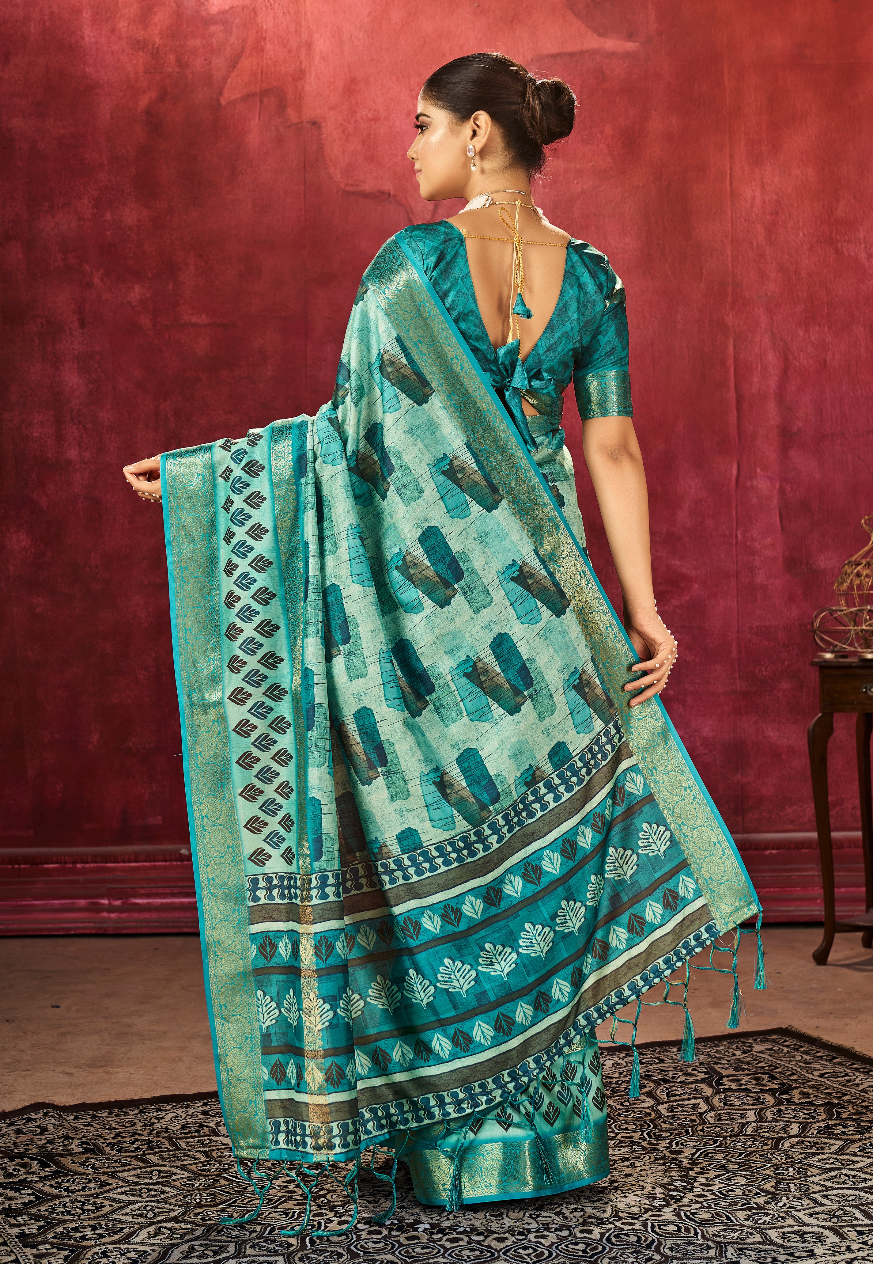 Sea Green Dola Silk Abstract Print Saree