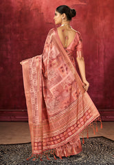 Rust Orange Dola Silk Floral Print Saree