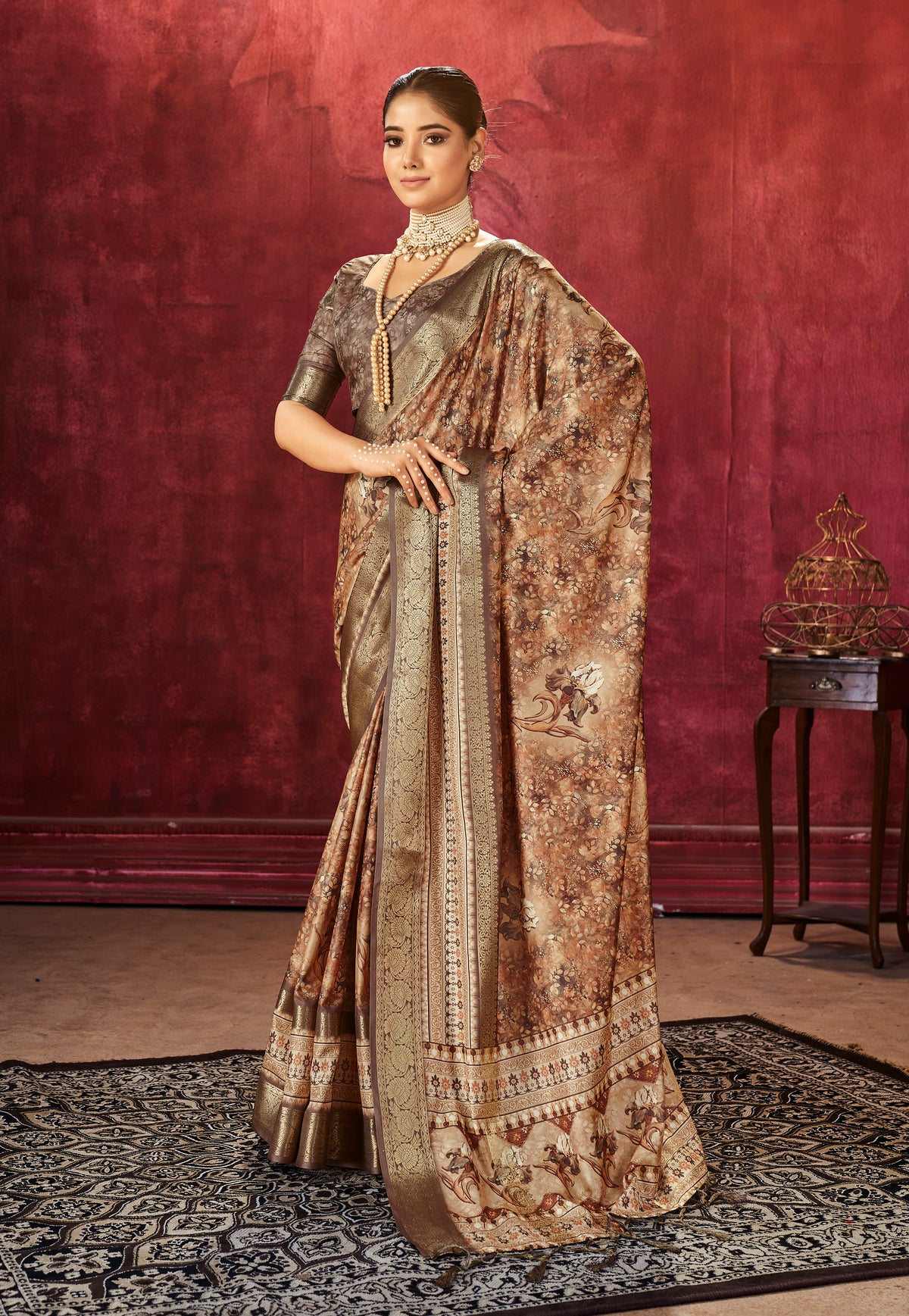 French Beige Dola Silk Floral Print Saree