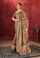 French Beige Dola Silk Floral Print Saree