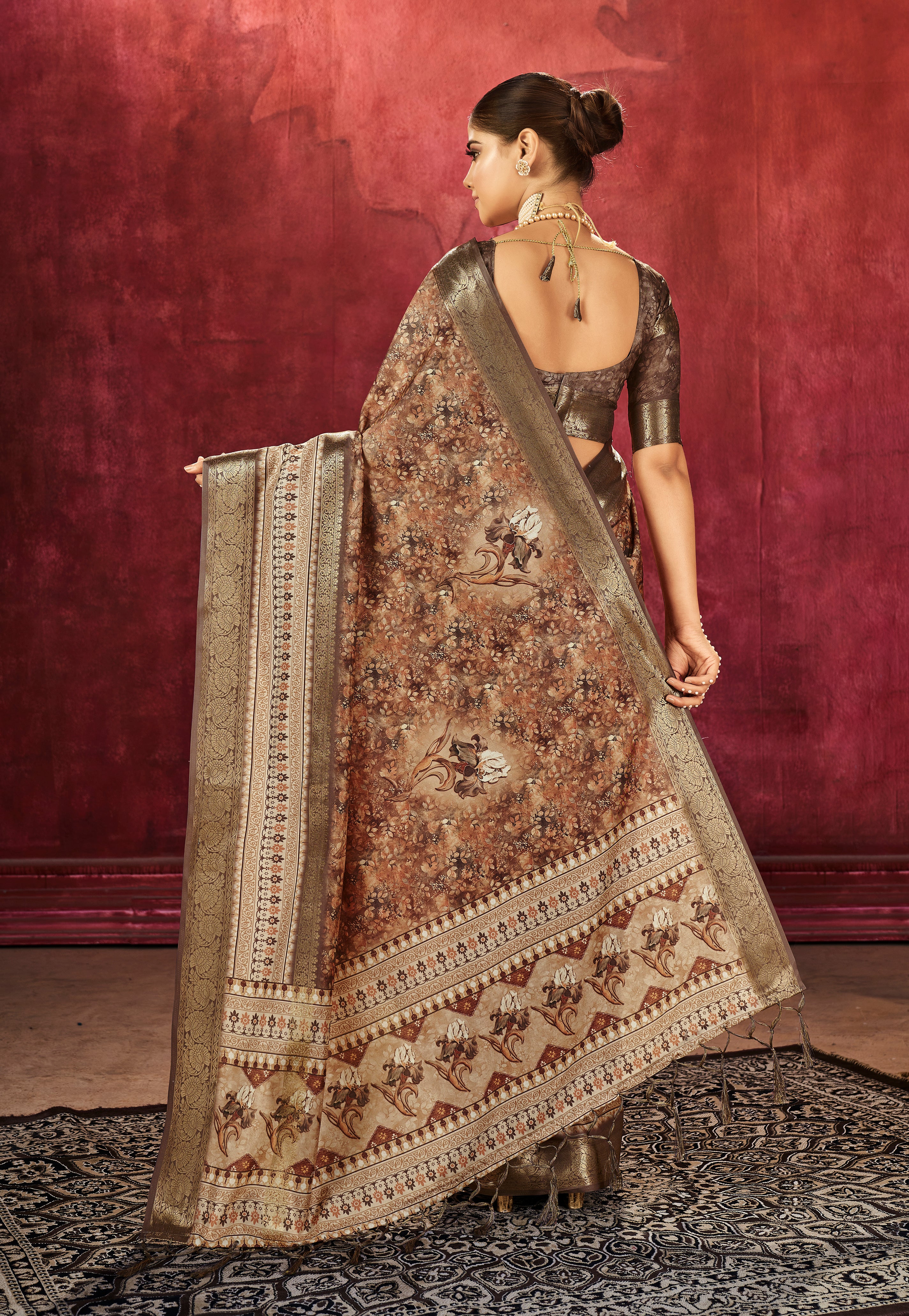 French Beige Dola Silk Floral Print Saree