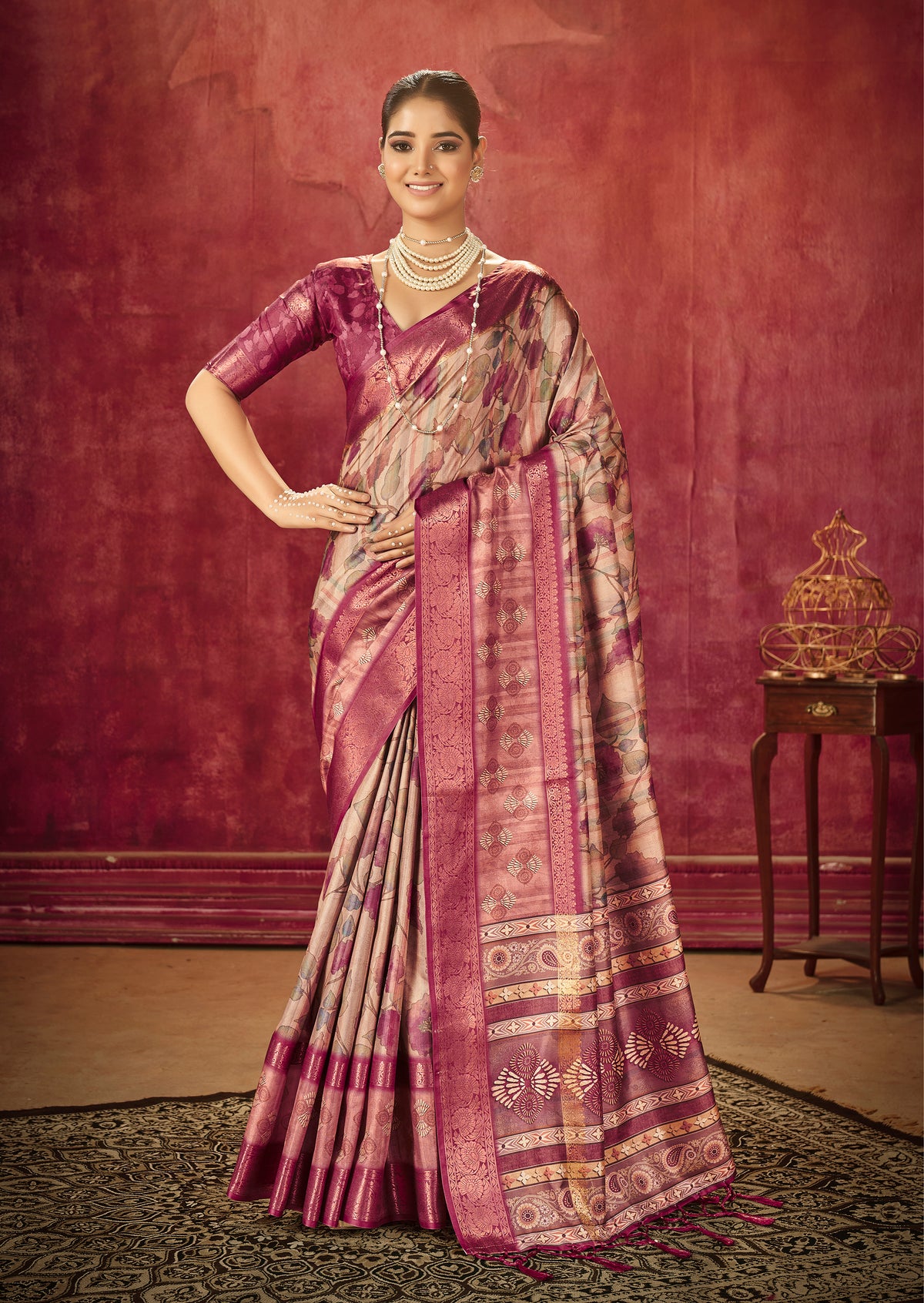 Beige Brown Dola Silk Floral Print Saree